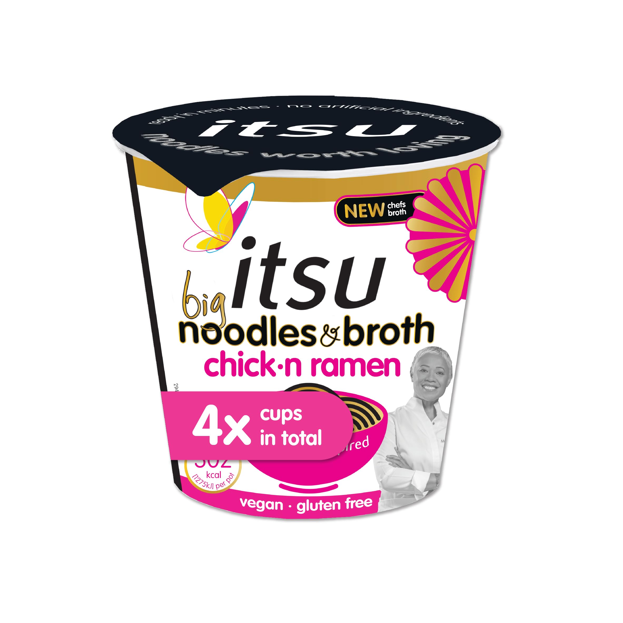 Itsu Big Chicken Ramen Instantnudeln & Brühetopf 93 g – 4er-Pack | Glutenfrei | Vegan | Schnell zubereitete Nudeln nach japanischer Art