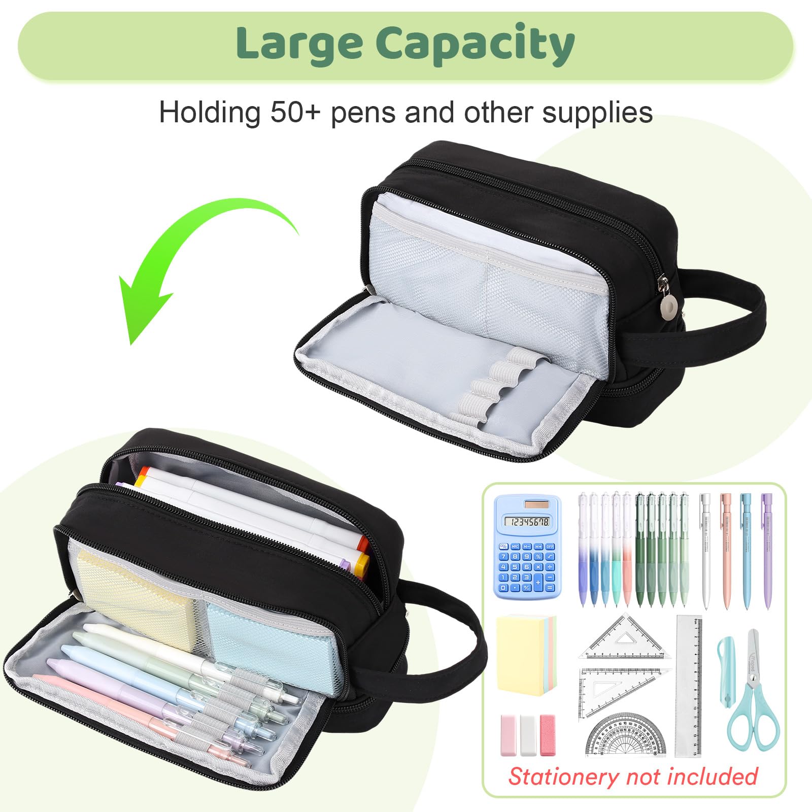 Alyvisun Large Capacity Pencil Case - 3 Compartments, Durable Canvas, Black | 22cm x 9cm x 14cm 2