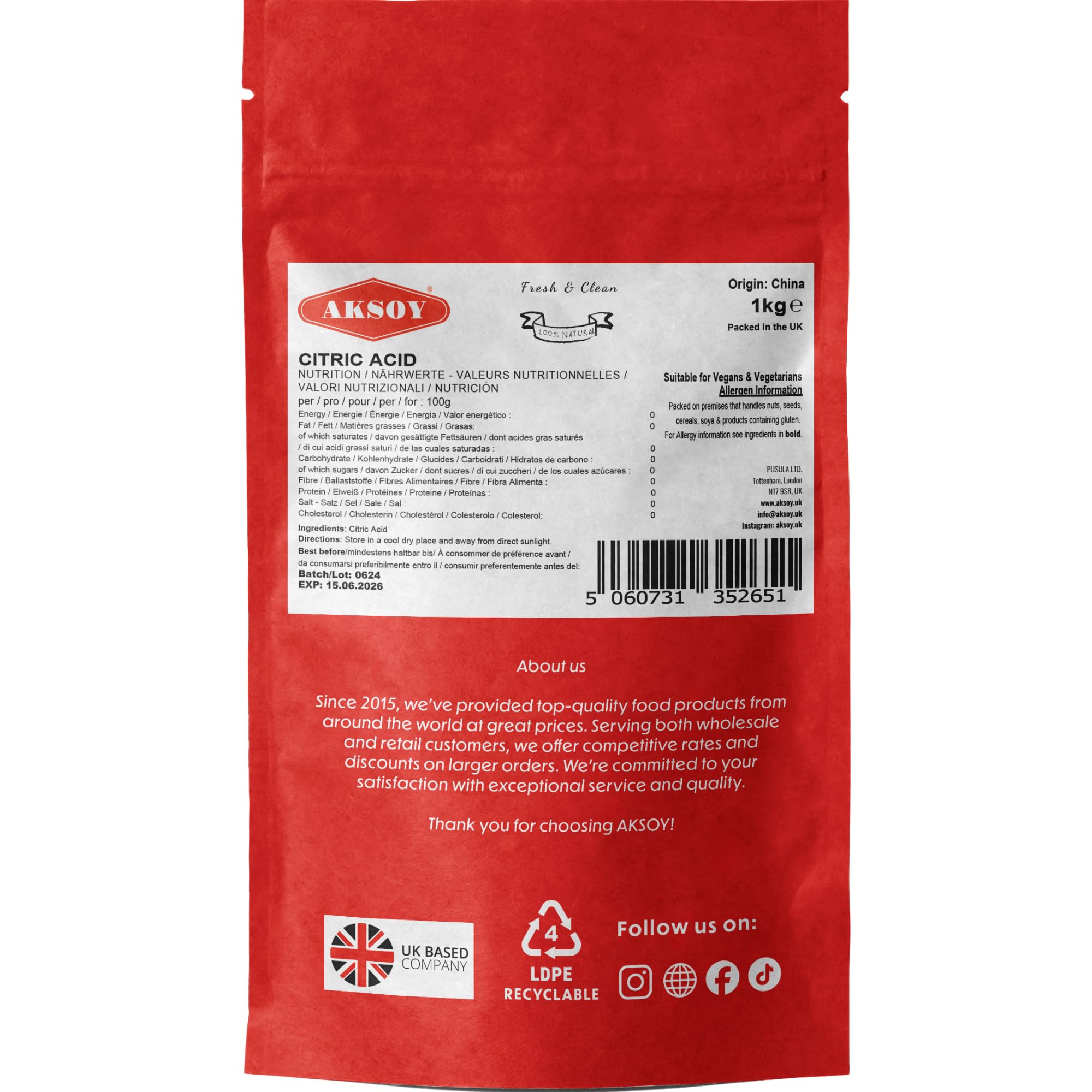 AKSOY Citric Acid Food Grade - 1000g Non-GMO Anhydrous Granule De-Scaler 6