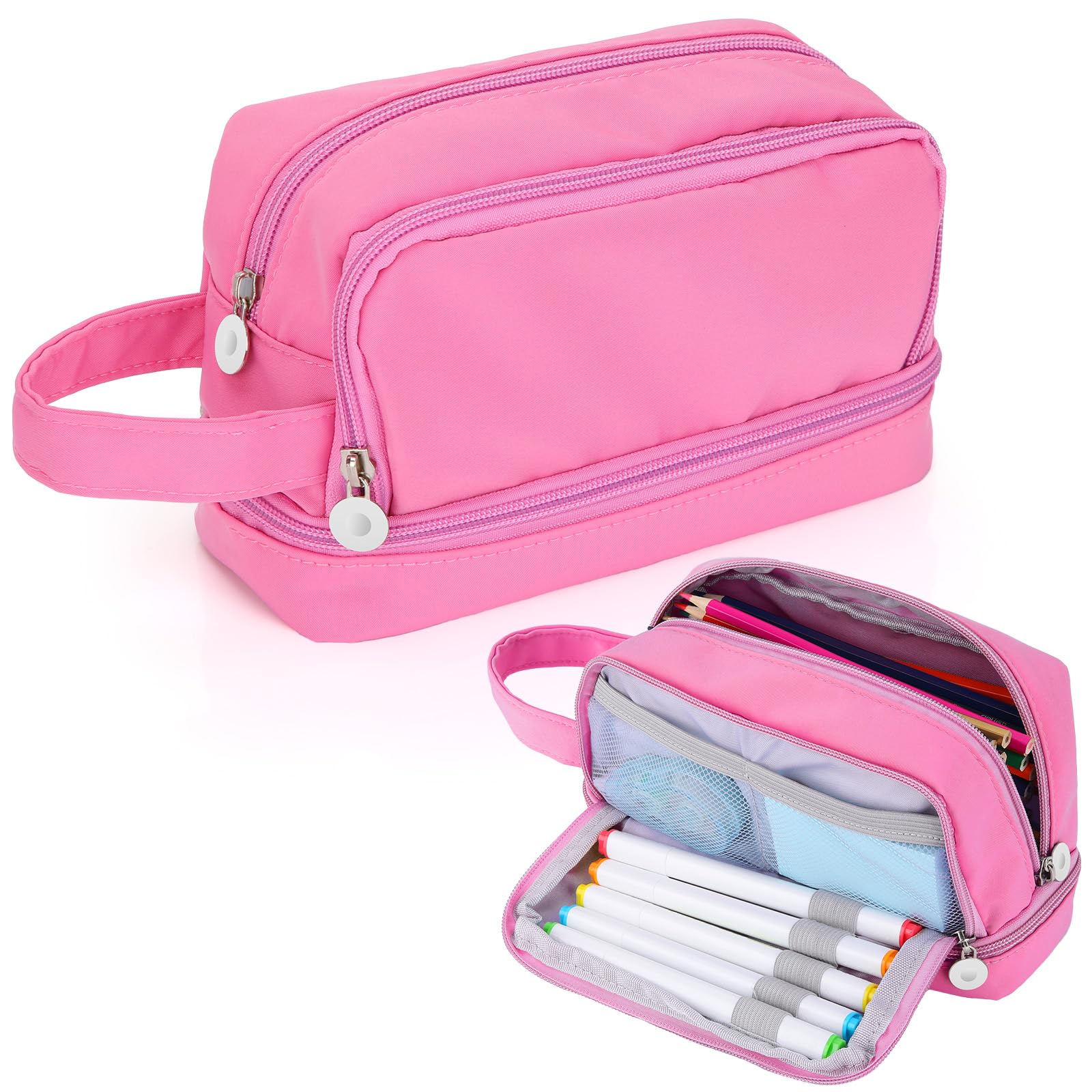 Alyvisun Large Capacity Pencil Case - 3 Compartments, Pink Canvas, Zipper Closure | One Size