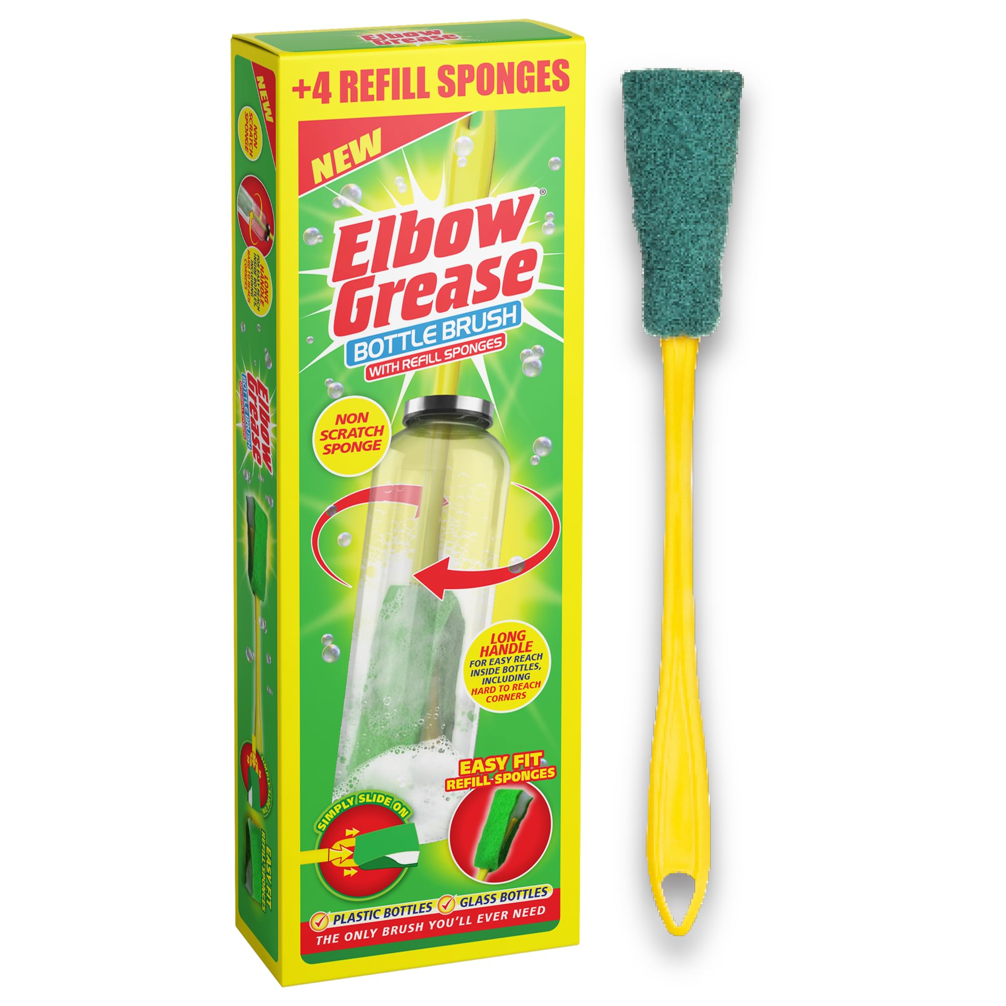 Elbow Grease Bottle Brush with 4 Refill Sponges - Long Handle for Deep Cleaning