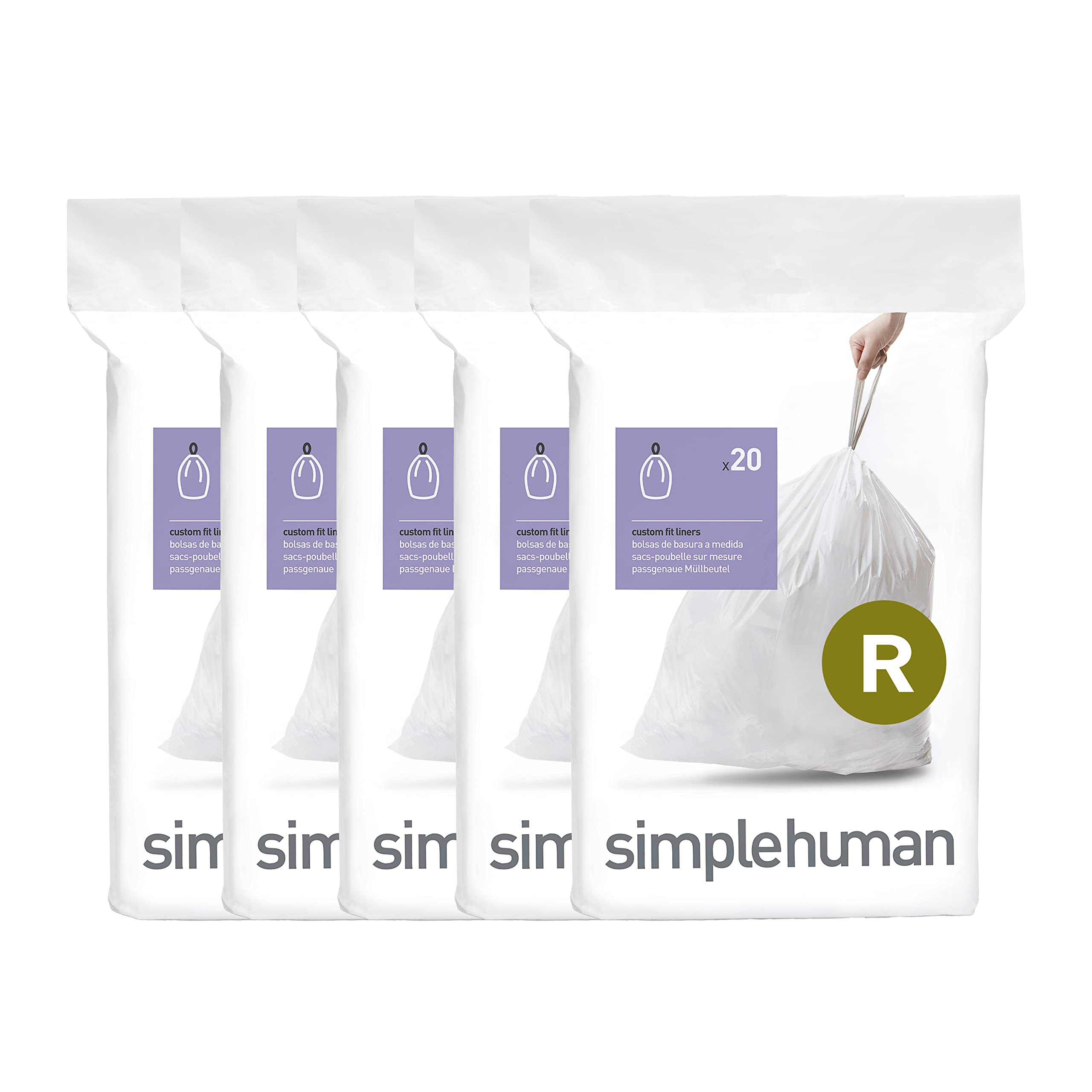simplehuman Code R Bin Liners - Custom Fit, 10L Capacity, 100 Count | 50% PCR Plastic