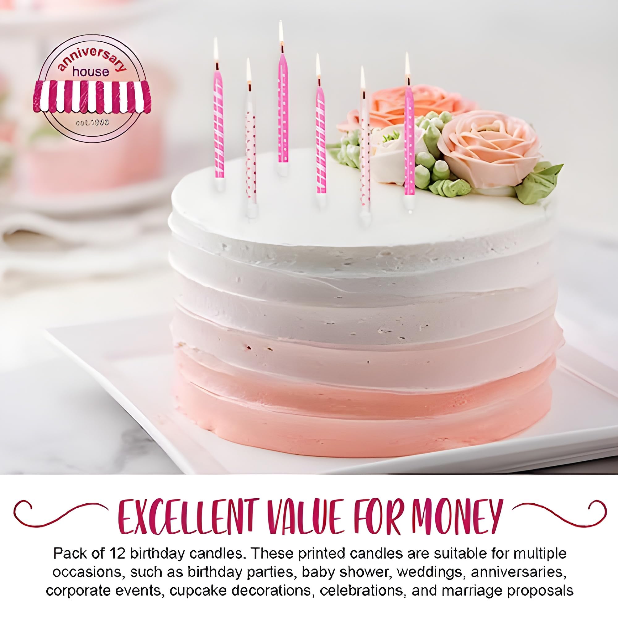 Anniversary House Birthday Candles Set of 12 - Pink Polka Dot and Stripe Prints | Unscented Wax