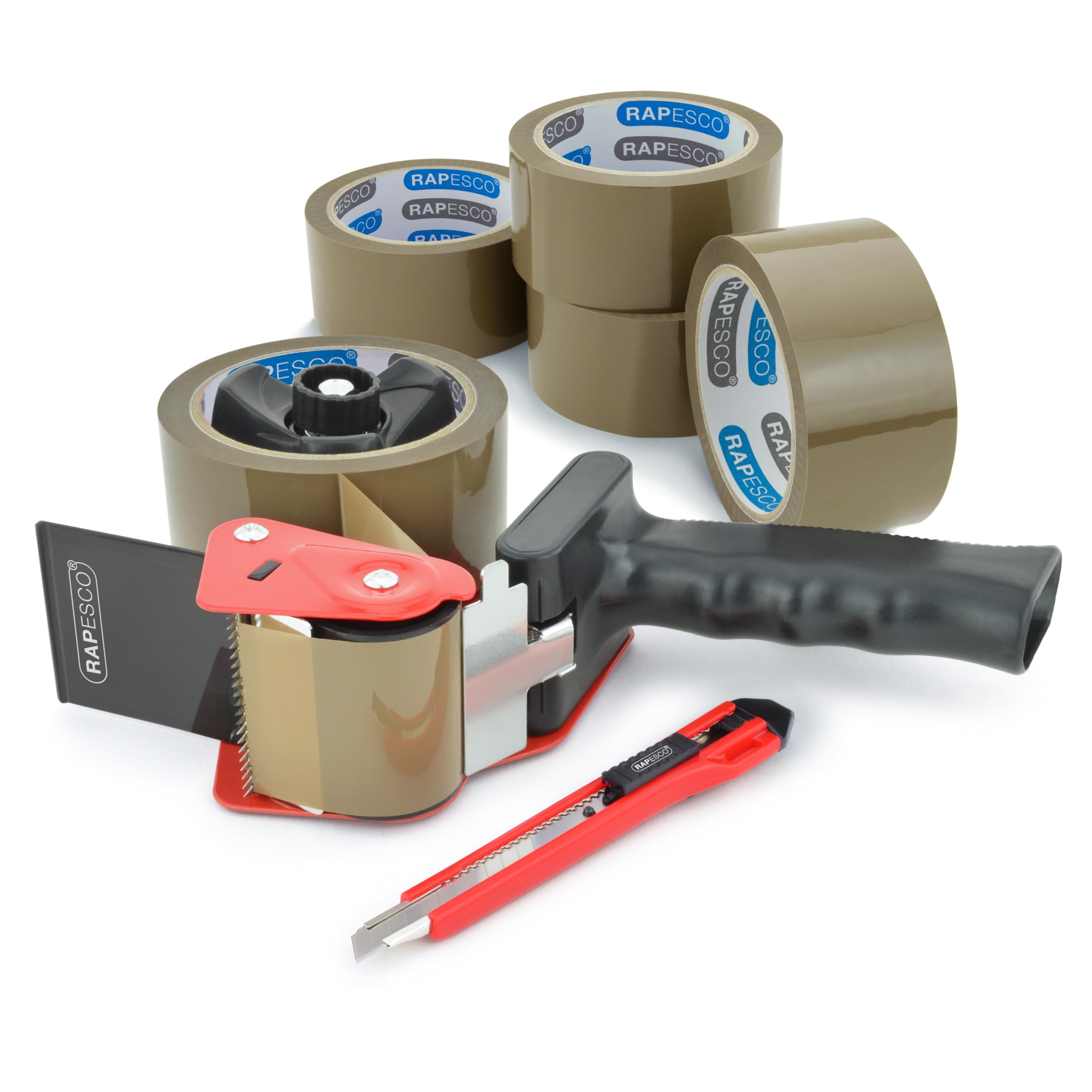 RAPESCO 1581 Packaging Tape Dispenser - Heavy-Duty Pistol Grip | Includes 5 Brown Tapes