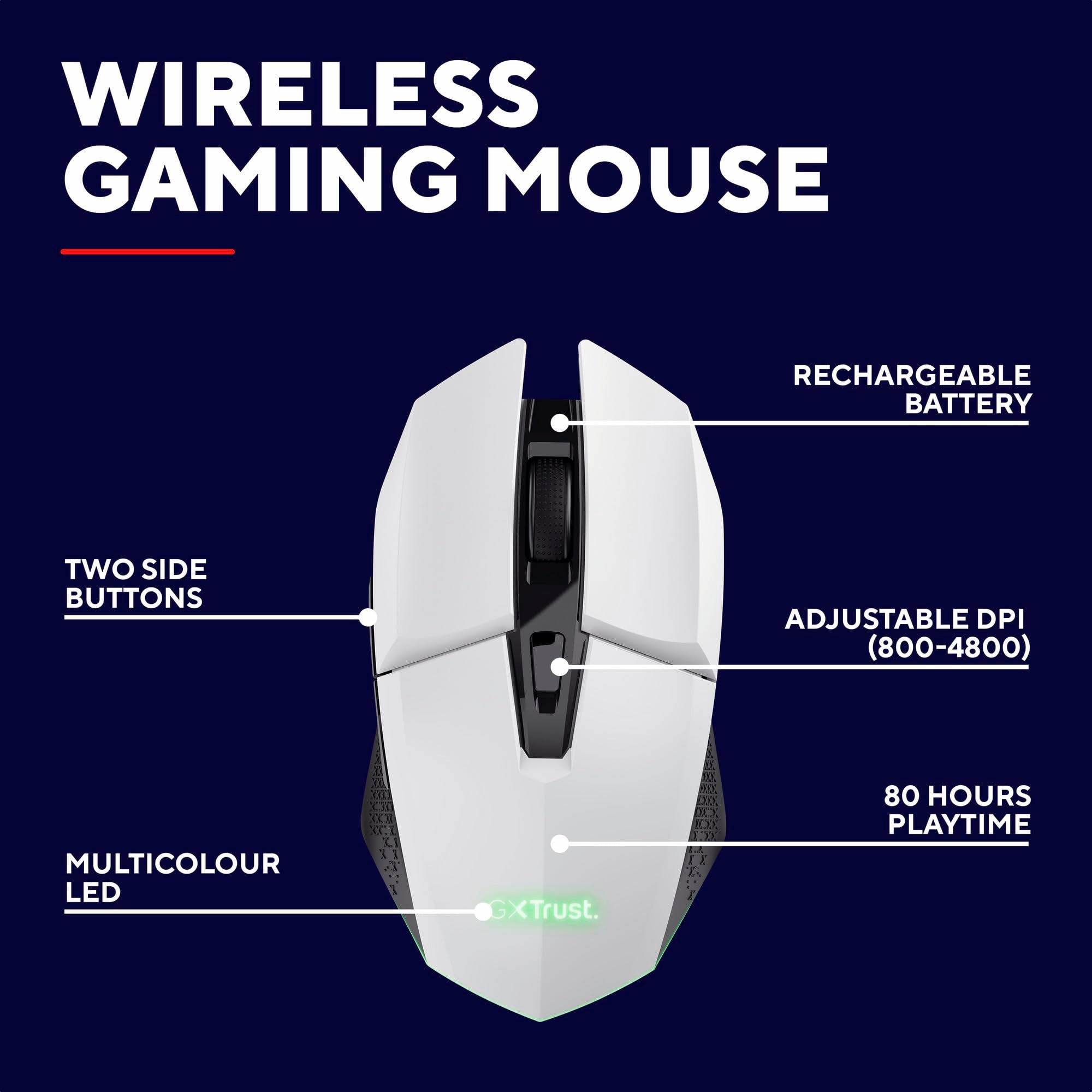Trust GXT 110W Felox Rechargeable Wireless Gaming Mouse – 80h Battery, 800-4800 DPI, RGB Lighting, 6 Buttons, White 14