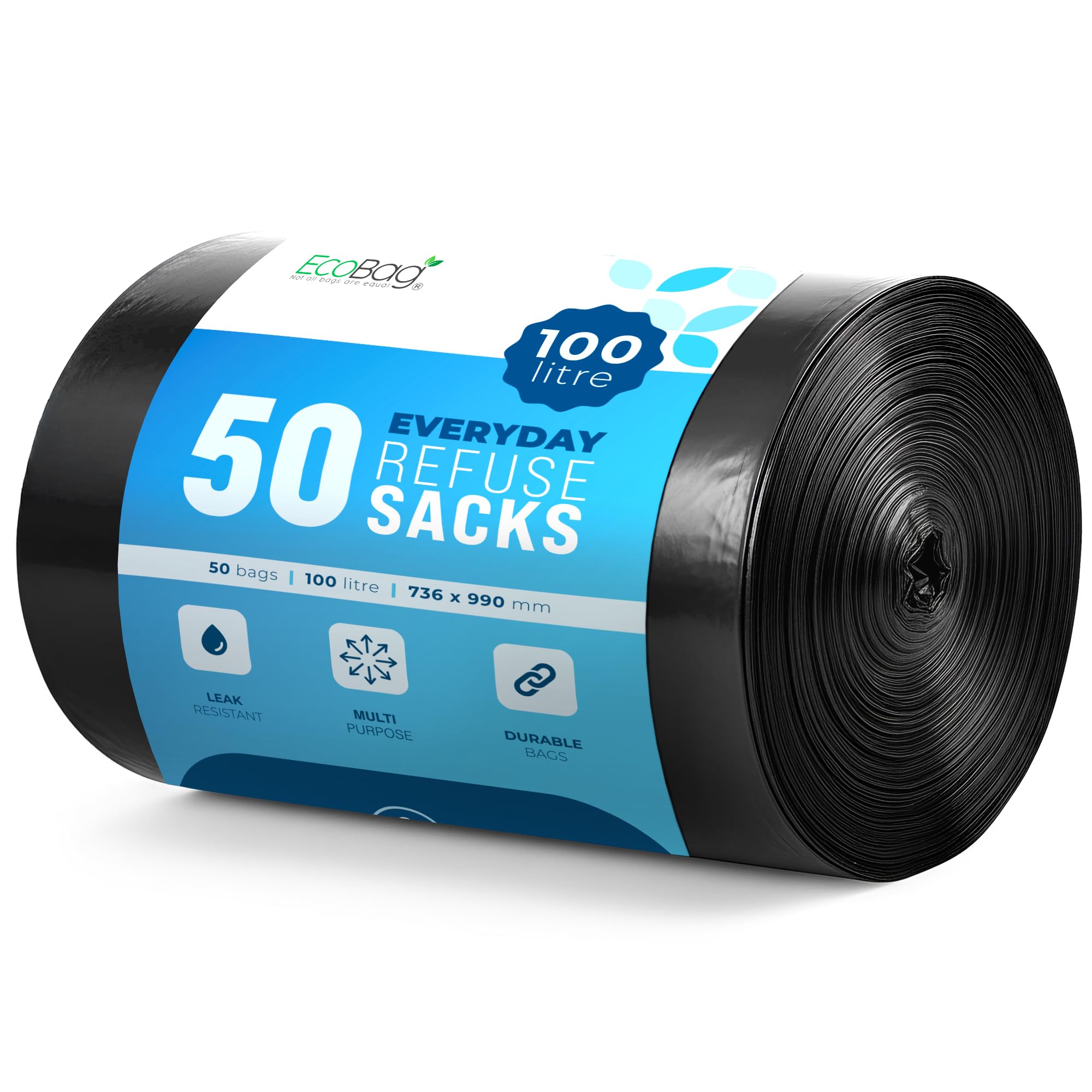 EcoBag Everyday Refuse Sacks - 50 Pack, 100 Litre Capacity, Heavy Duty, Recyclable 1
