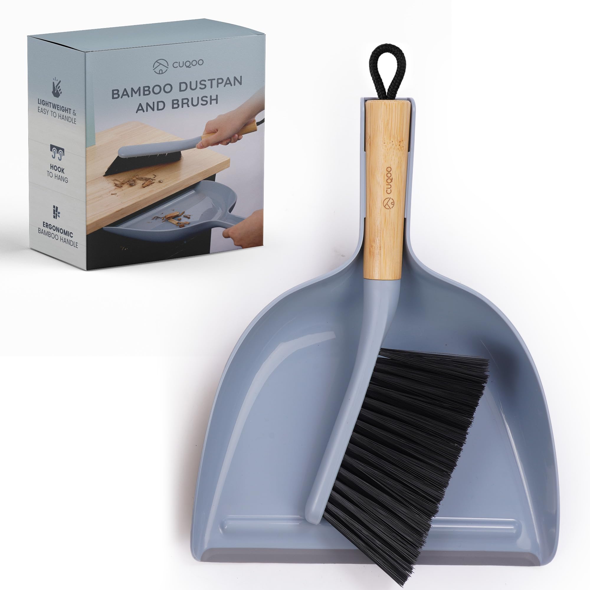CUQOO Compact Bamboo Dustpan and Brush Set | Soft Scratch-Free Bristles | Grey 1