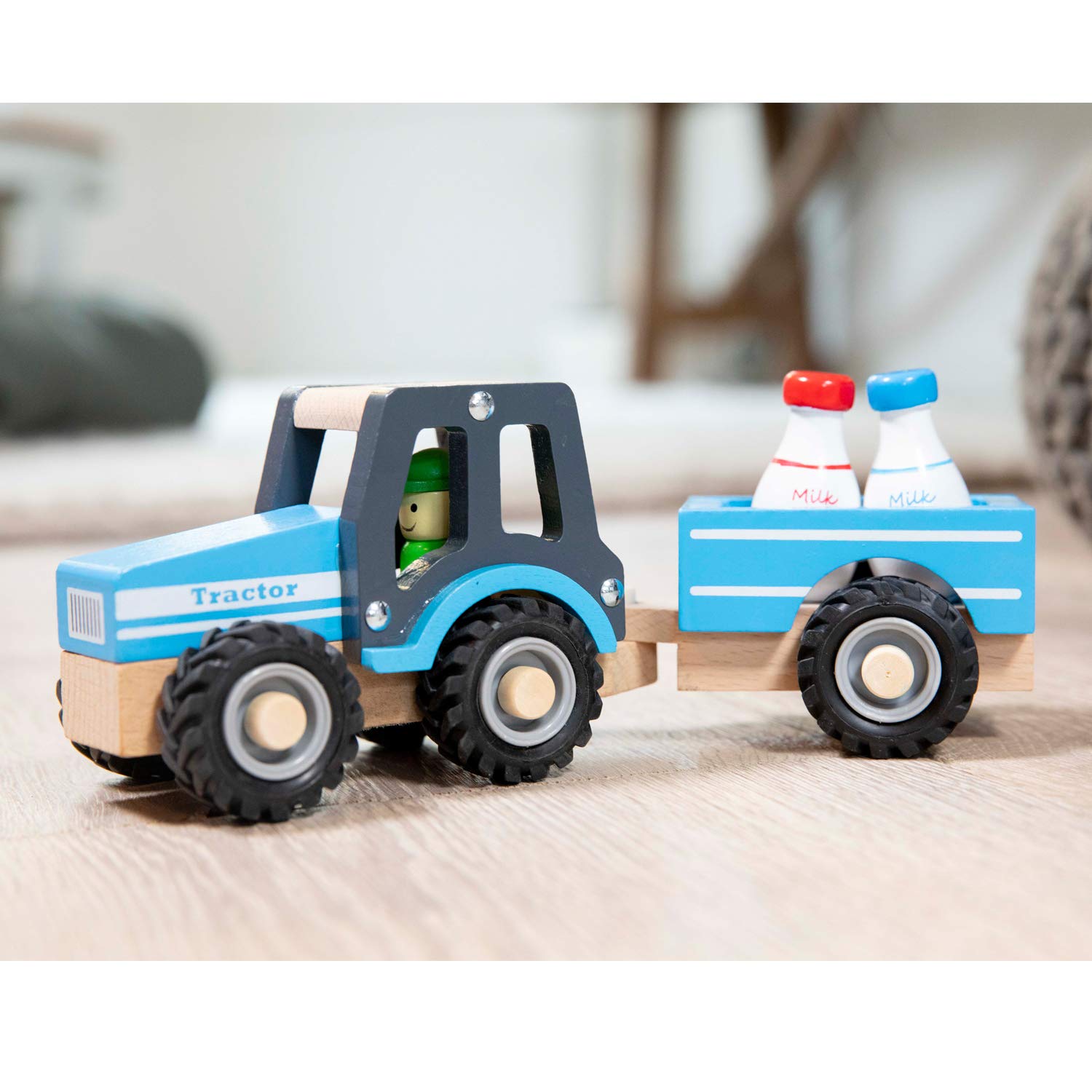 New Classic Toys Wooden Tractor with Trailer and Milk Bottles - Ages 1.5+ 4