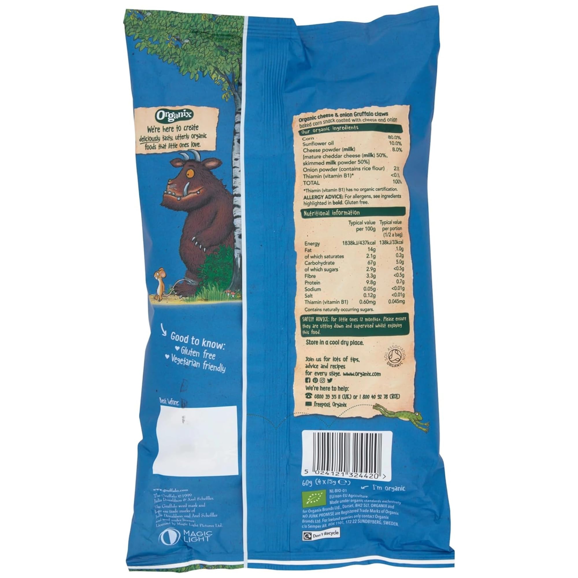 Organix Cheese & Onion Gruffalo Claws Organic Toddler Snack Puffs, 12+ Months, 180g 3