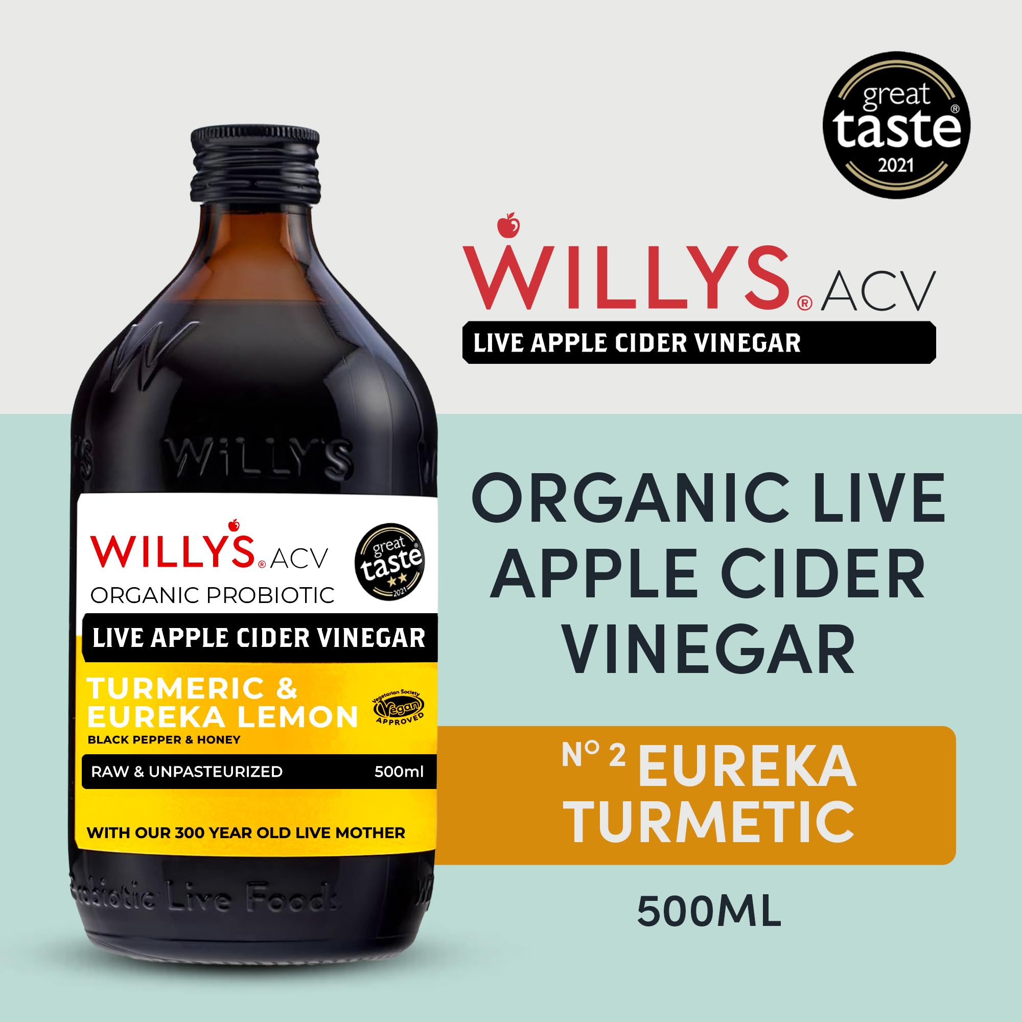 Willy's Apple Cider Vinegar with Turmeric & Honey - Raw, Organic, Unpasteurised | 500ml 2