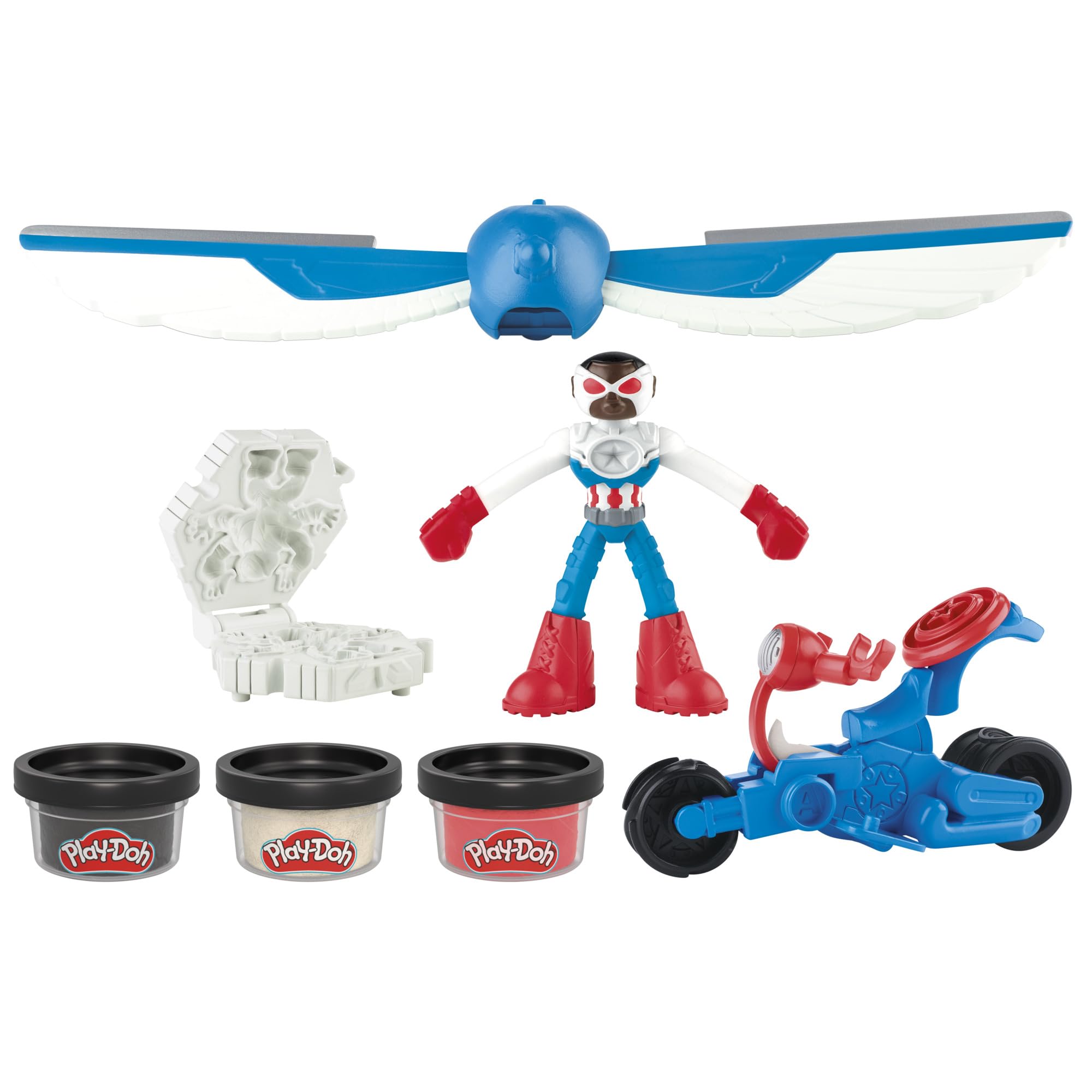 Play-Doh Marvel Captain America Moto-Slicer Spielset – Biegsame Figur, Motorradwerkzeug und 3 Wannen, ab 4 Jahren
