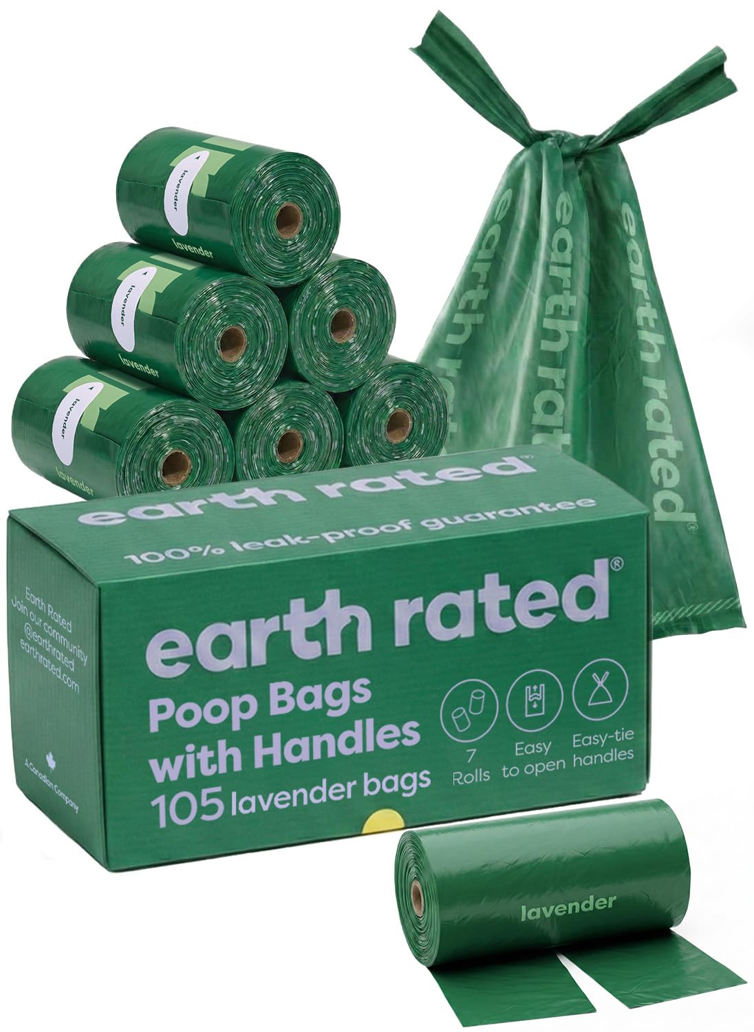 Earth Rated Dog Poop Bags with Tie Handles on Refill Rolls - 105 Count, Lavender Scent, Green 1