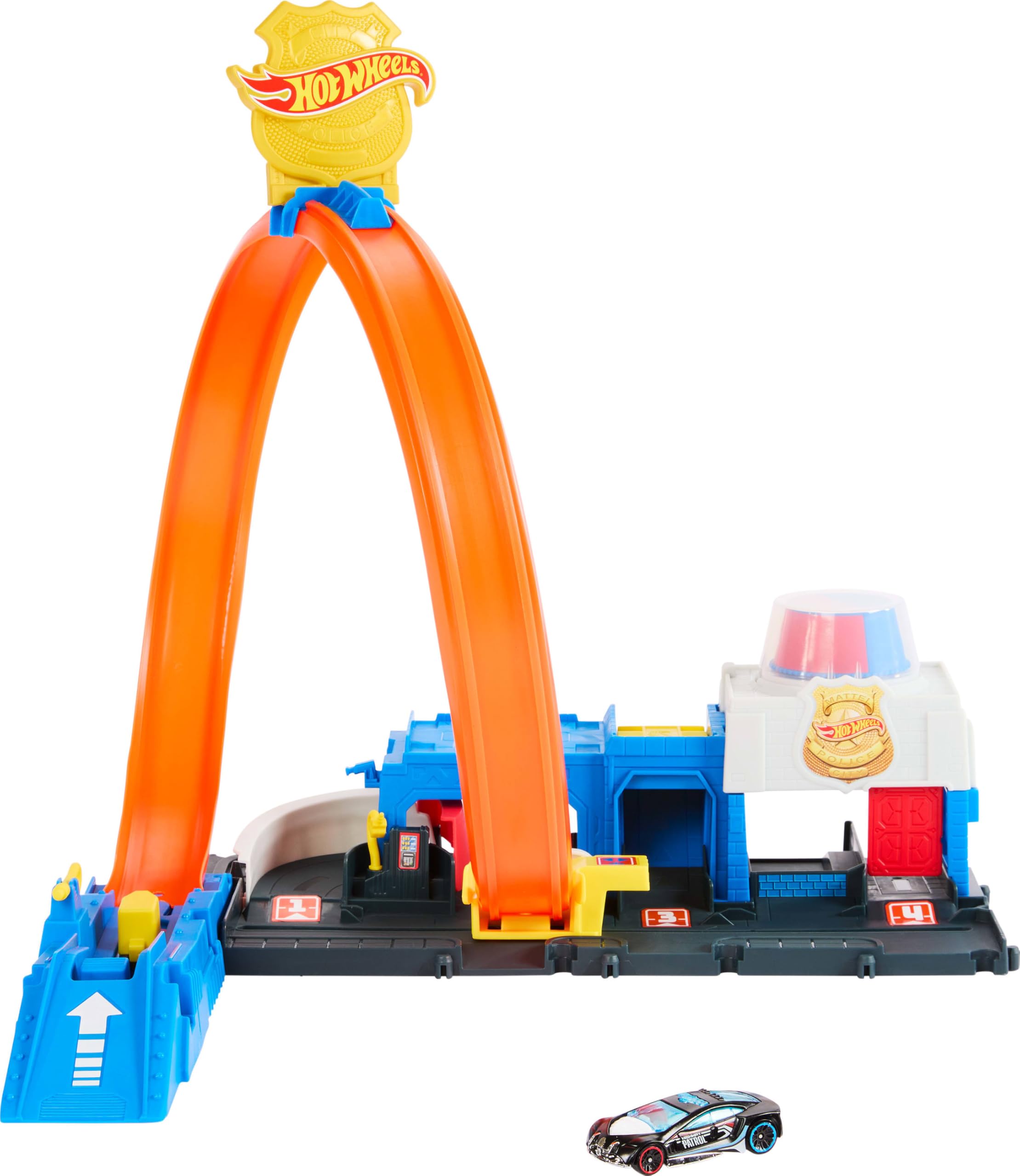 Hot Wheels Super Police Station Playset - 1:64 Scale Track Set with 4-Lane Stunt Racing for Kids 1
