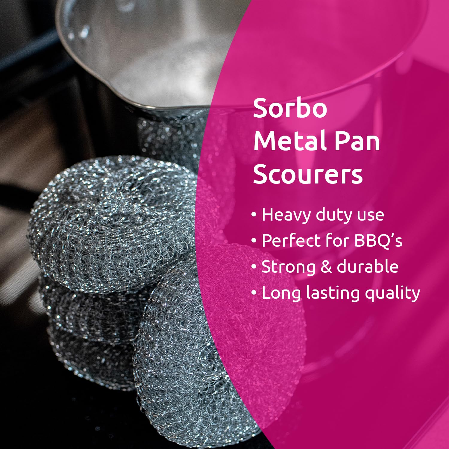 Sorbo Topfreiniger aus Metall, 4er-Pack – Pads aus metallischer Stahlwolle für hartnäckiges Fett und intensive Reinigung