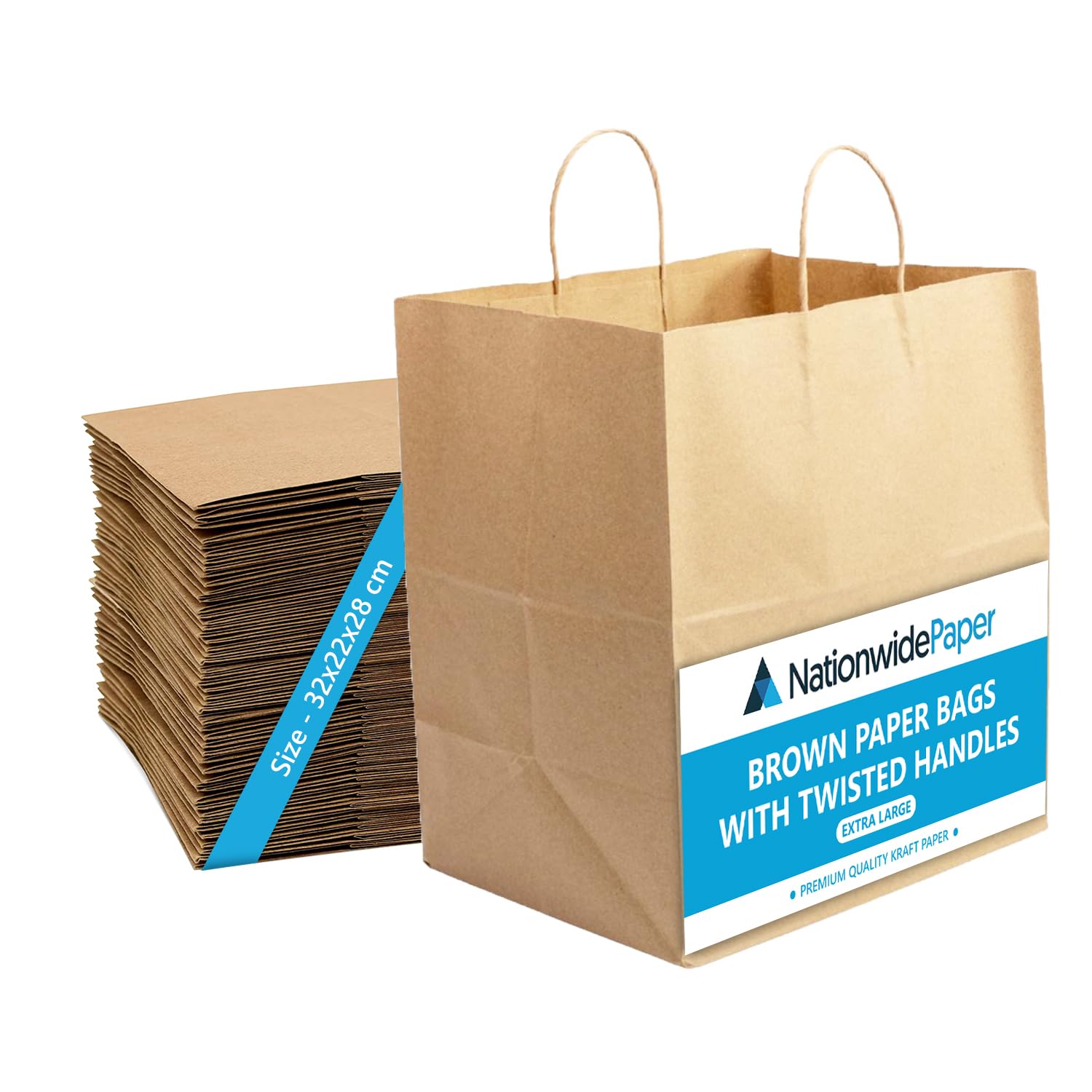 Nationwide Paper Extra Large Plus Brown Paper Bags with Handles - 30 Count | 320x220x280mm