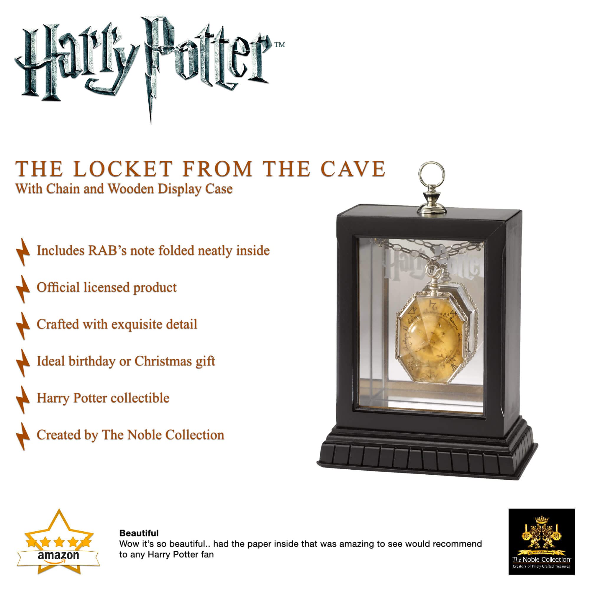 The Noble Collection Harry Potter The Locket from the Cave - Die-Cast Metal Locket with Chain & Wooden Display Case 6