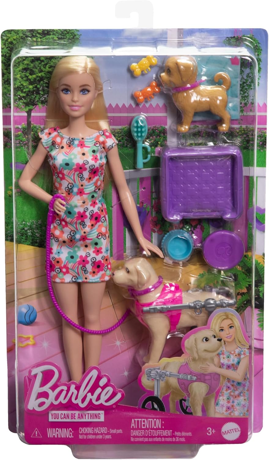 Barbie Doll with 2 Toy Dogs & Pet Accessories - Includes Removable Wheelchair for Ages 3+