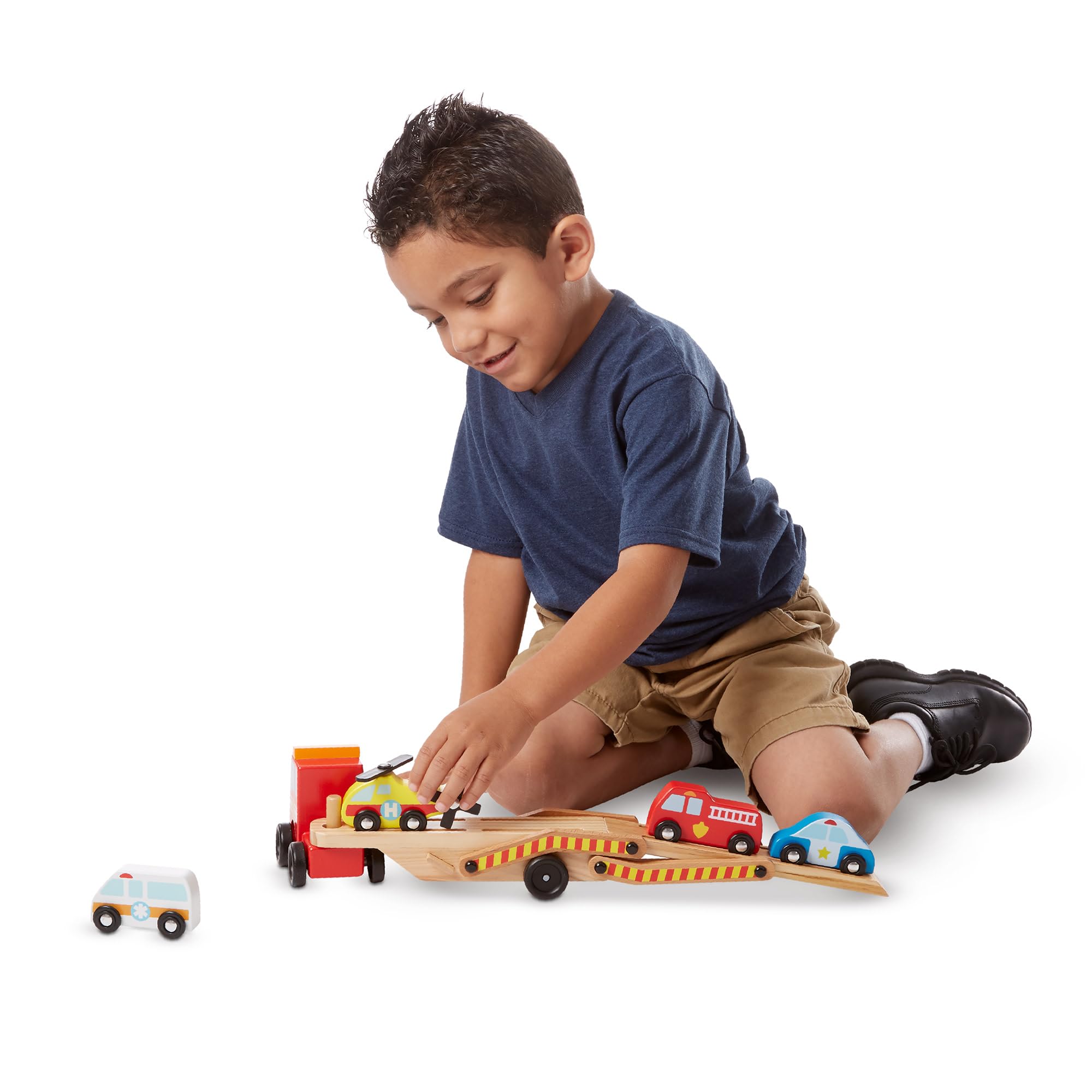 Melissa & Doug Wooden Emergency Vehicle Carrier Toy with 4 Magnetic Vehicles | Ages 3+ 8