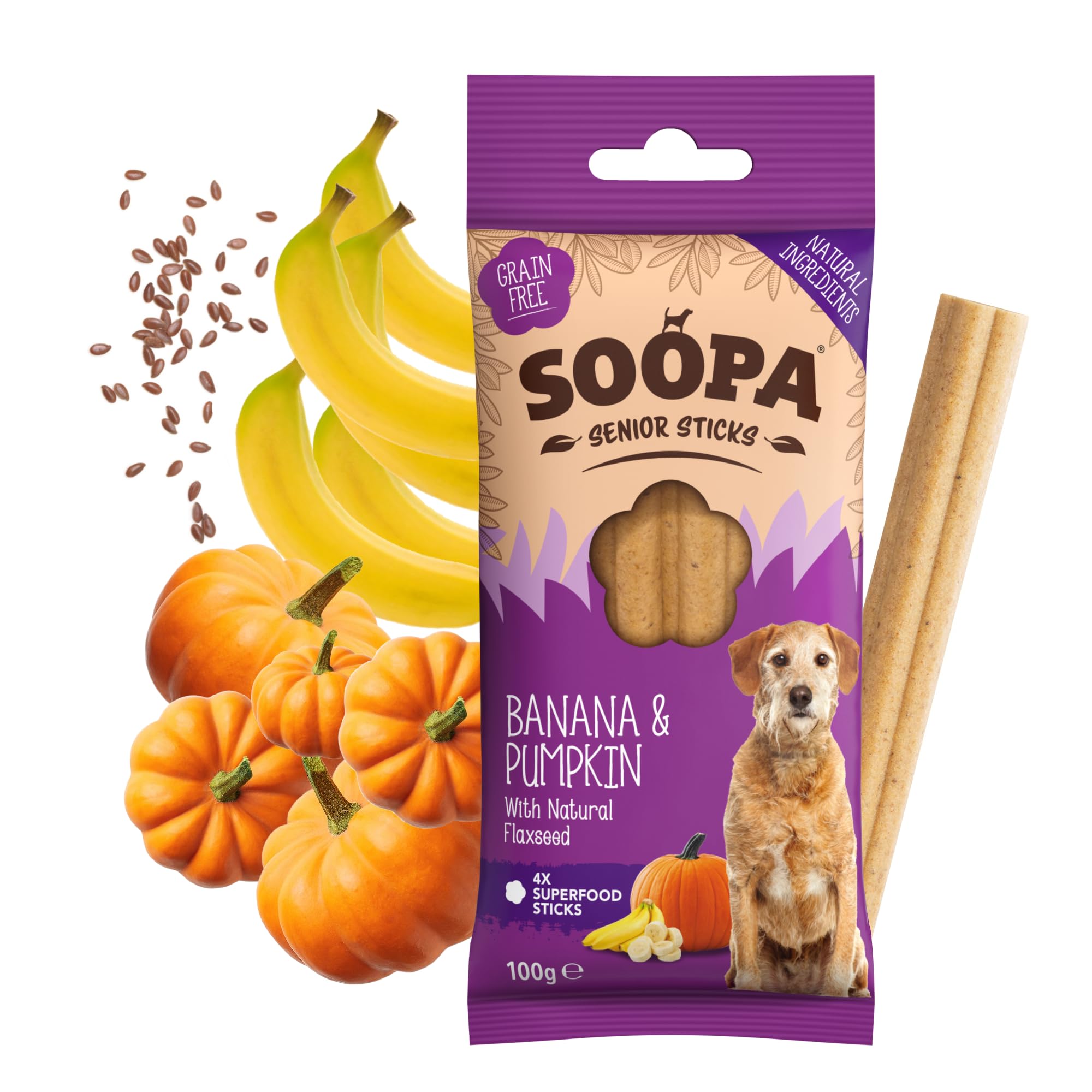 Soopa Senior Banana Pumpkin and Flaxseed Dental Sticks - 100g | Low Fat | Vegan