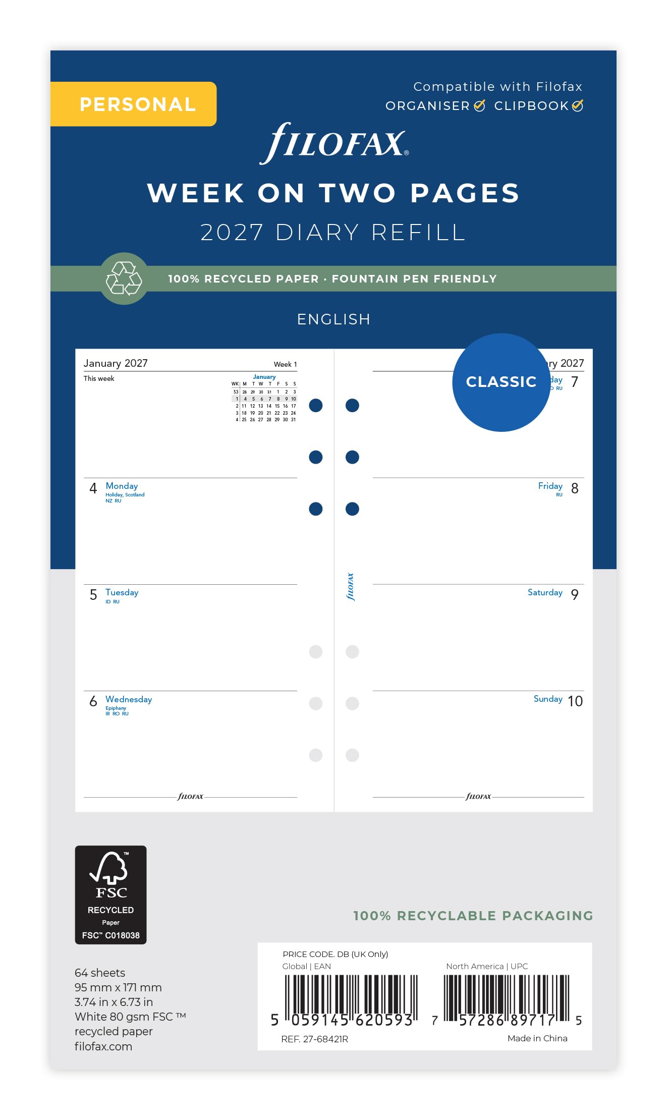 Filofax Personal 2027 Diary Refill - Week on Two Pages | Recycled Paper | 95mm x 171mm