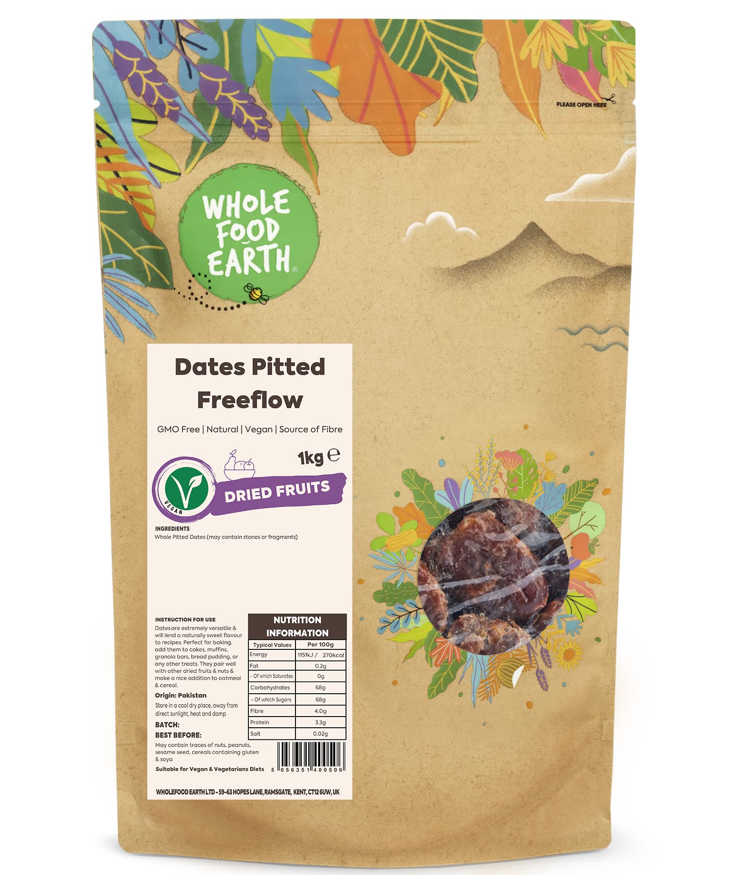 Wholefood Earth Dates Pitted Freeflow - 1 kg Bag | GMO Free | Natural Sweetener 1
