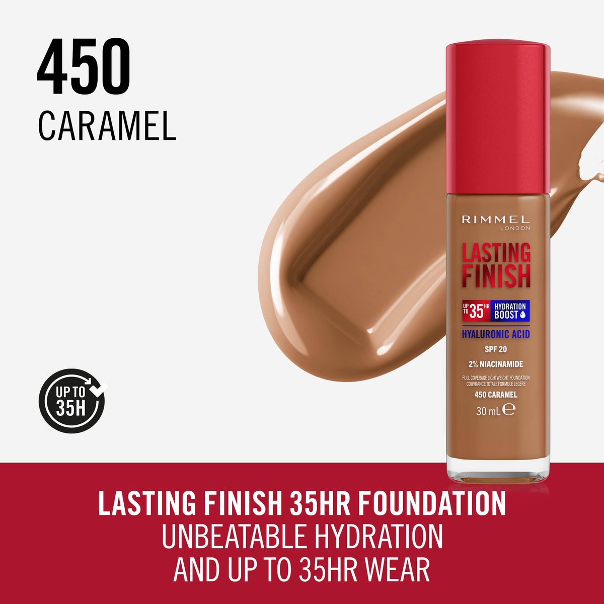 Rimmel Lasting Finish 35Hr Foundation - 450 Caramel, Full Coverage, 30 ml
