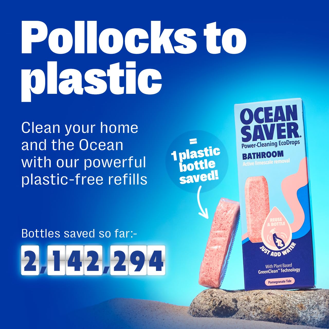 OceanSaver Eco Bathroom Cleaner Refills - Pomegranate Scent, 6x 10ml Tablets | Plant-Based, Non-Toxic