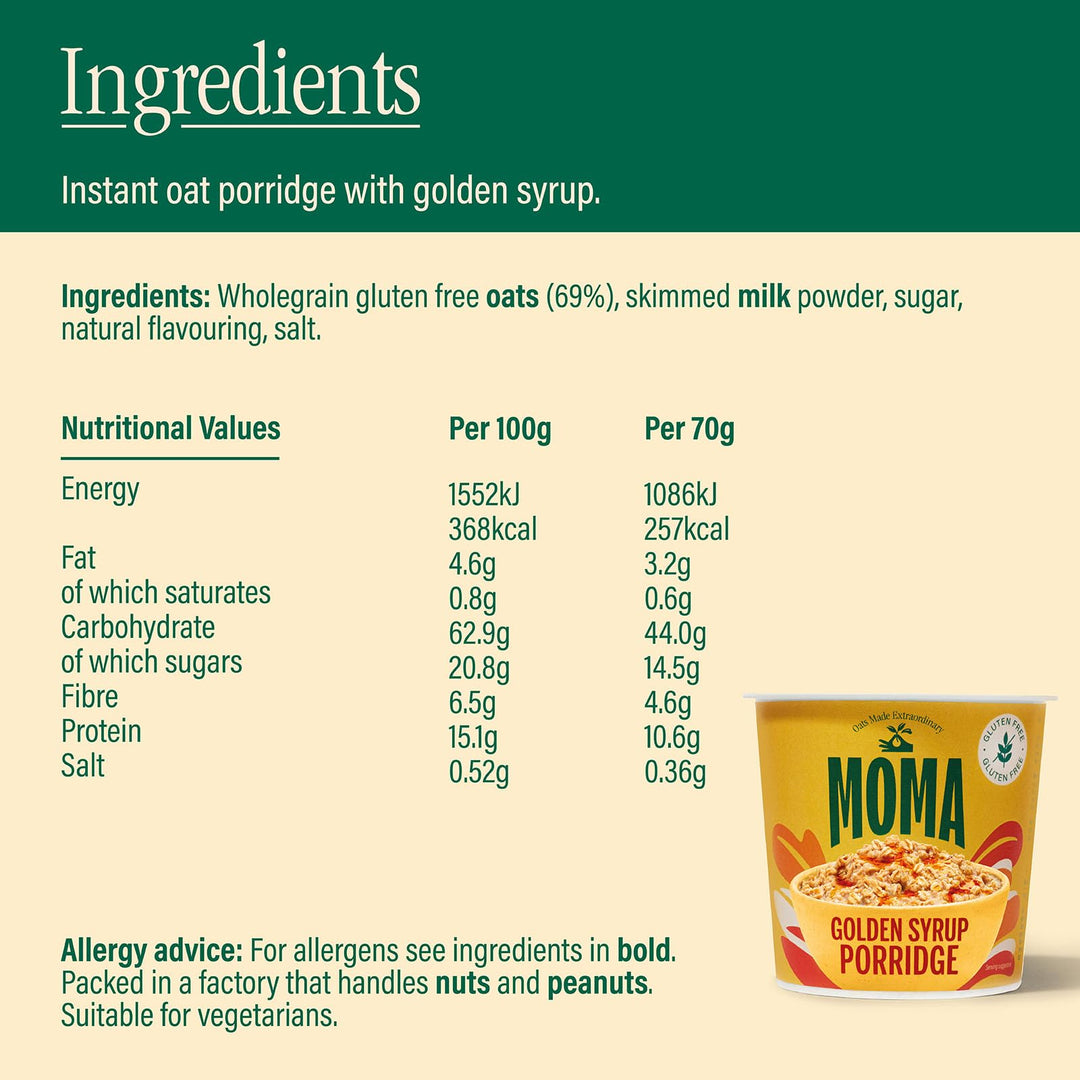 MOMA Instant Porridge Pots Golden Syrup - 12 x 70g - Gluten Free, High Fibre, Source of Protein