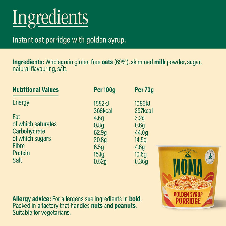 MOMA Instant Porridge Pots Golden Syrup - 12 x 70g - Gluten Free, High Fibre, Source of Protein