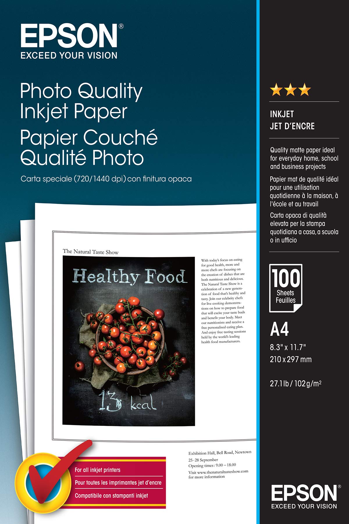 Epson Photo Paper - A4 White Coated Inkjet | 102gsm | 100 Sheets | C13S041061 2