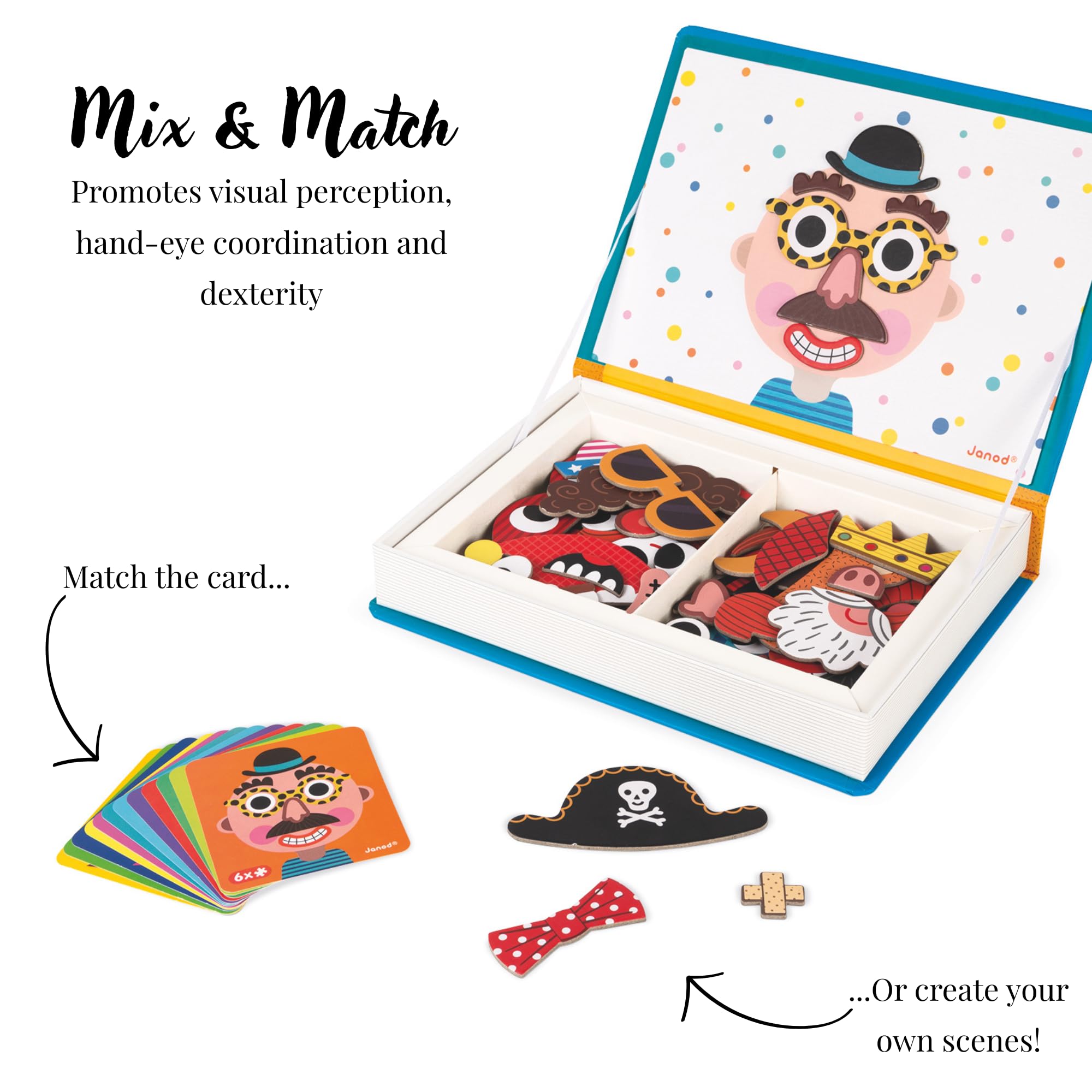 Janod Magneti'Book Crazy Faces Educational Game J02716 | Ages 3-8 | 70 Magnets
