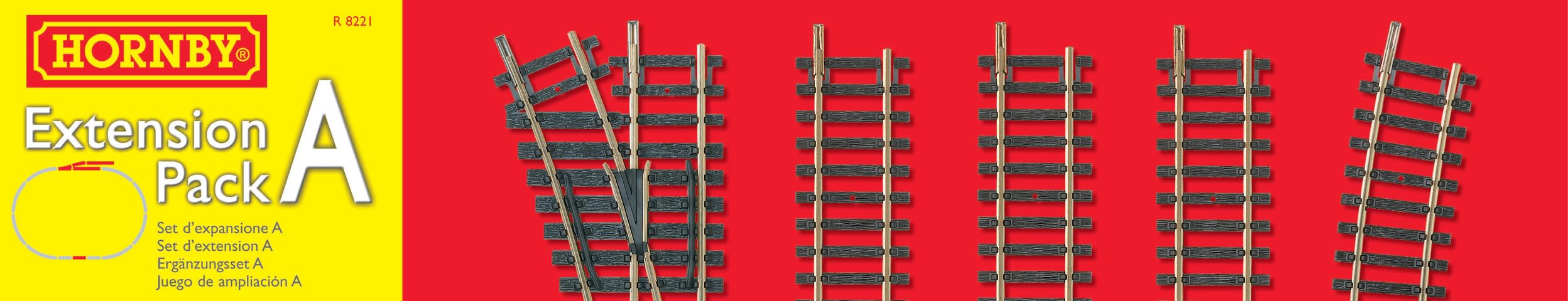 Hornby R8221 OO Gauge Track Extension Pack A | Includes Straights, Double Straight, Curves, LH Point & Buffer Stop