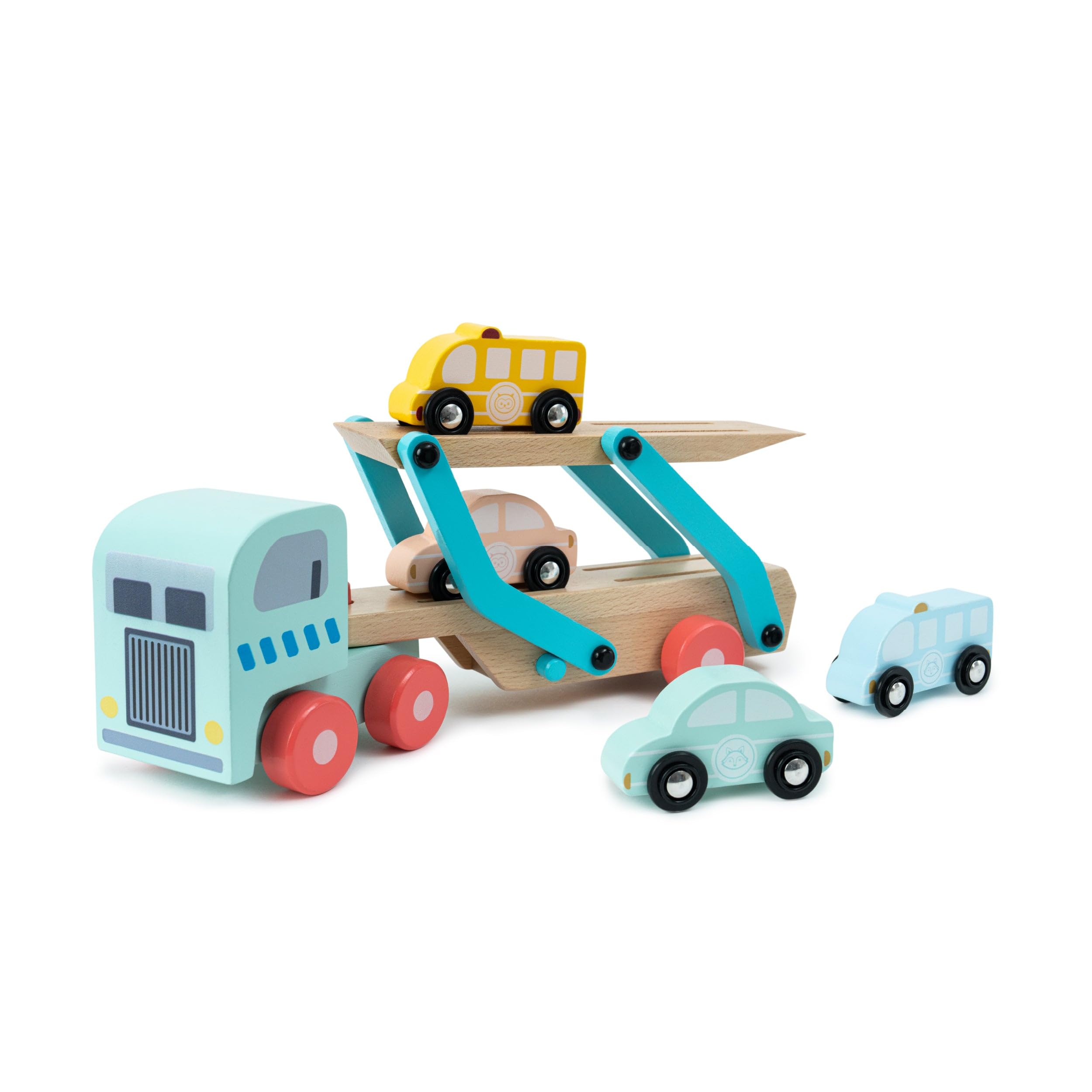 Owl & Fox Wooden Toy Car Transporter with Lorry, Trailer, and 4 Cars