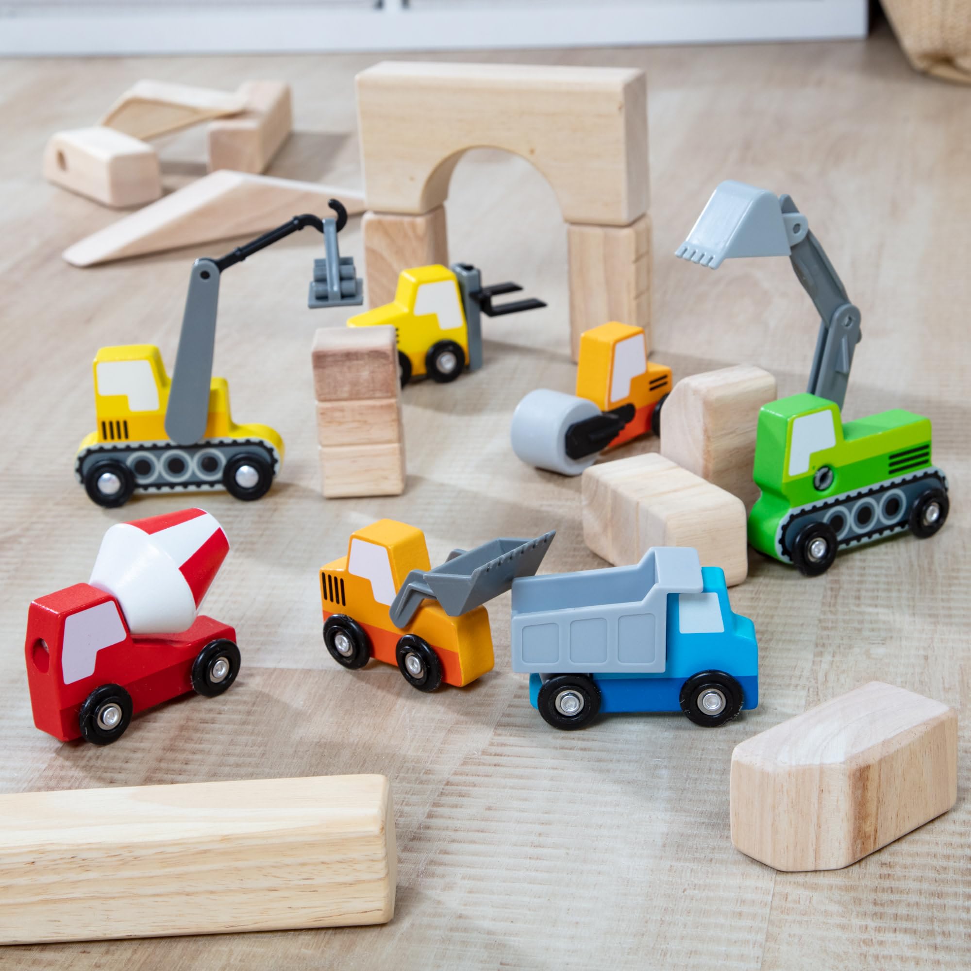 Melissa & Doug Wooden Construction Site Vehicles Playset - 7 Piece Set | Moving Parts | Ages 3-6 9