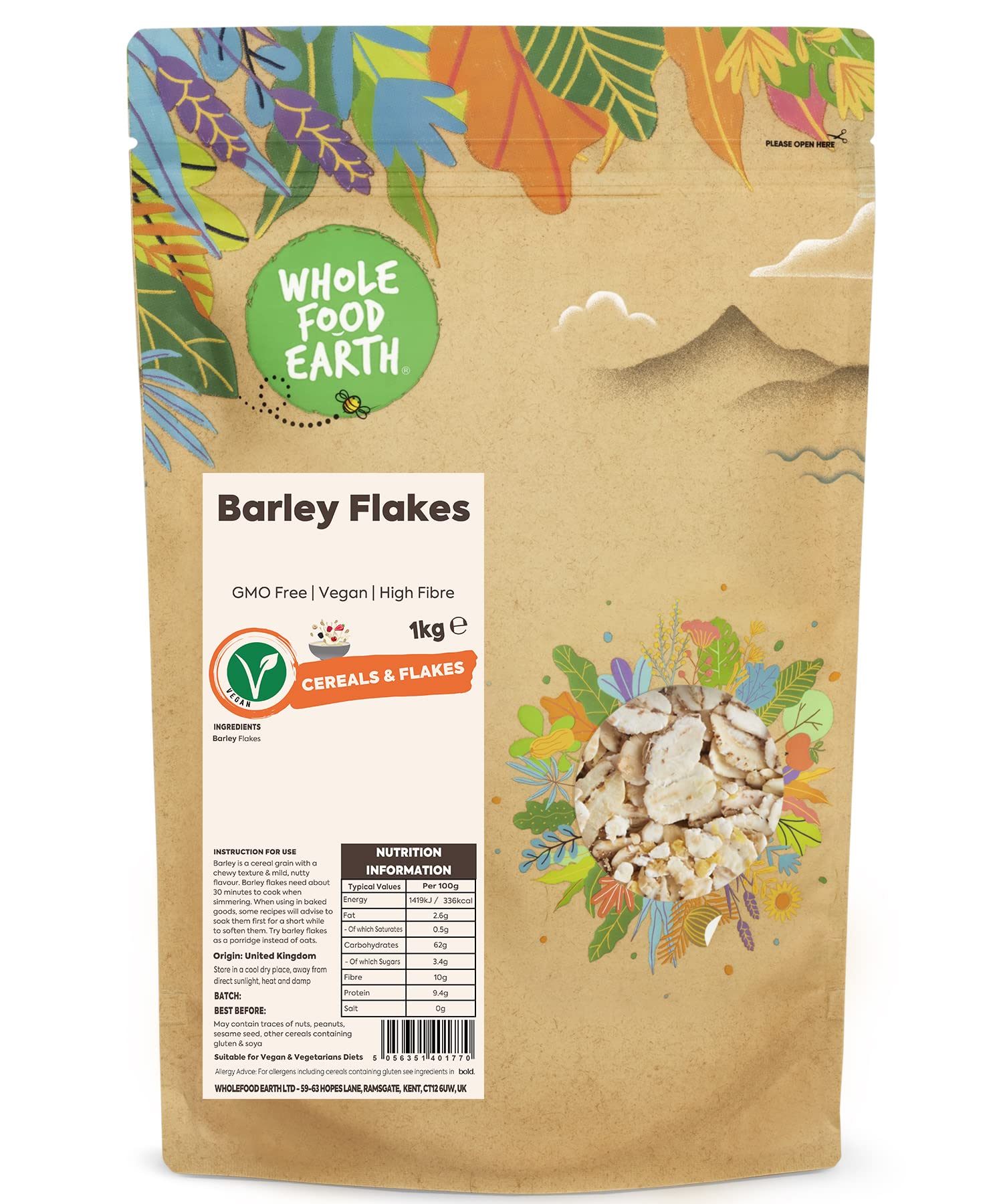 Wholefood Earth Barley Flakes - High Fibre, GMO Free Cereal | 1 kg 1