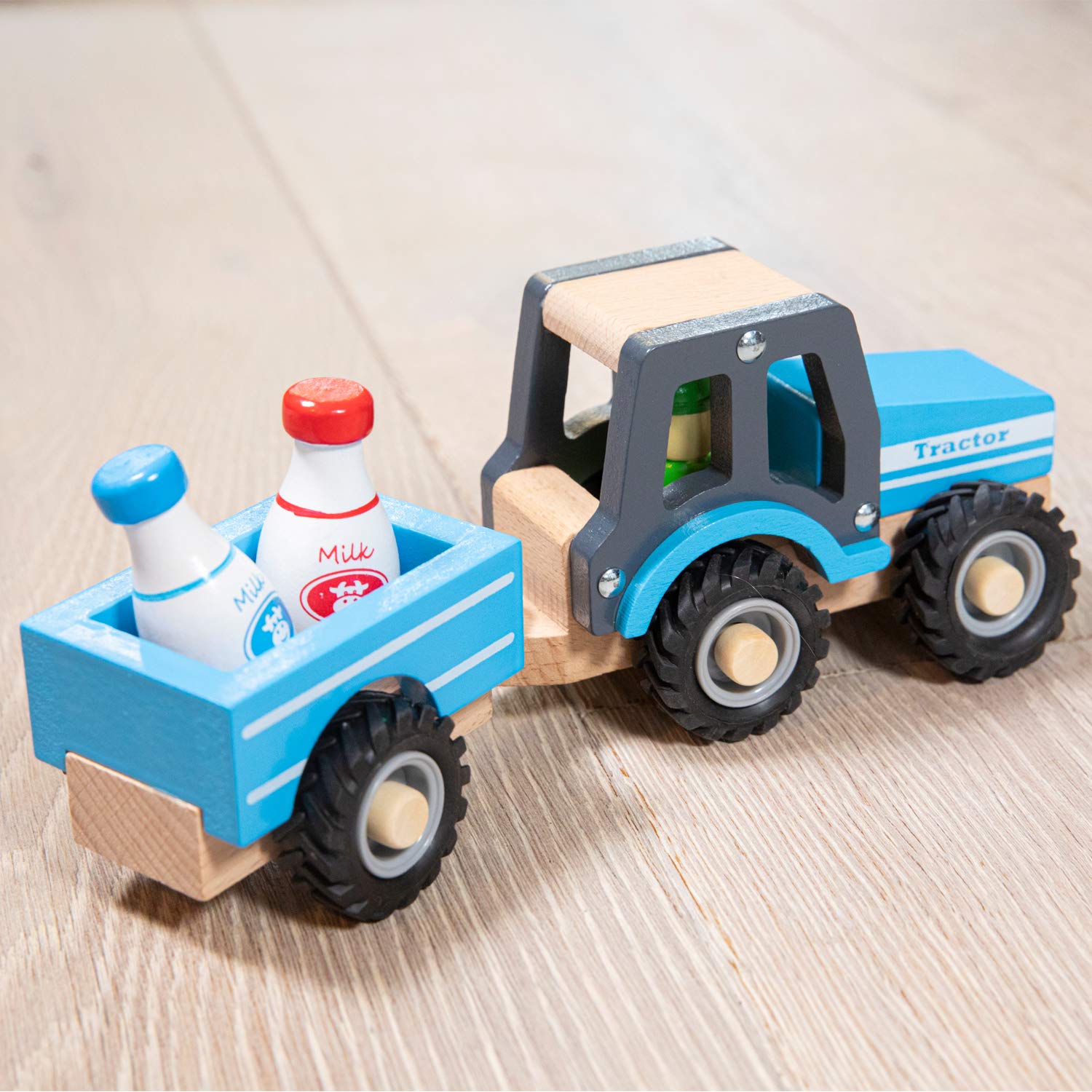 New Classic Toys Wooden Tractor with Trailer and Milk Bottles - Ages 1.5+ 3