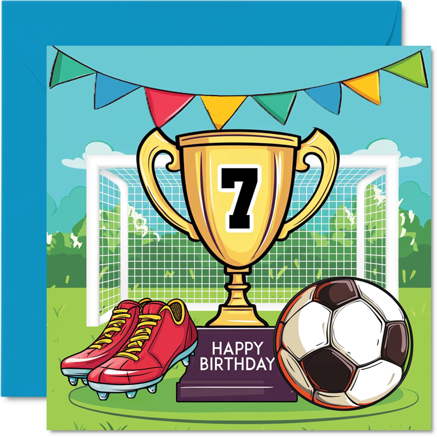 Stuff4 7th Birthday Card for Boys - Football Trophy Design | 145mm Square | Includes Envelope