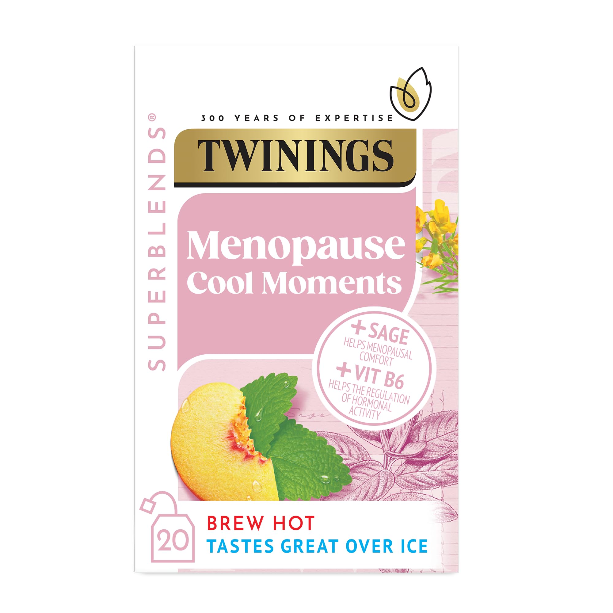 Twinings Superblends Menopause Cool Moments Pfirsich-Kräutertee mit Zitronenmelisse, Honeybush und Vitamin B6, 20 biologisch abbaubare Beutel
