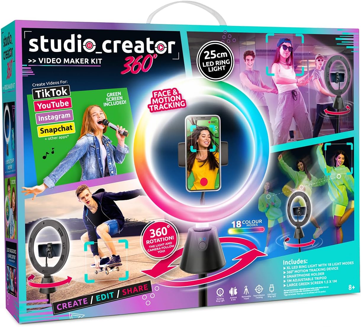 Studio Creator 360 Video Maker Kit - Motion Tracking LED Ring Light with Green Screen 11