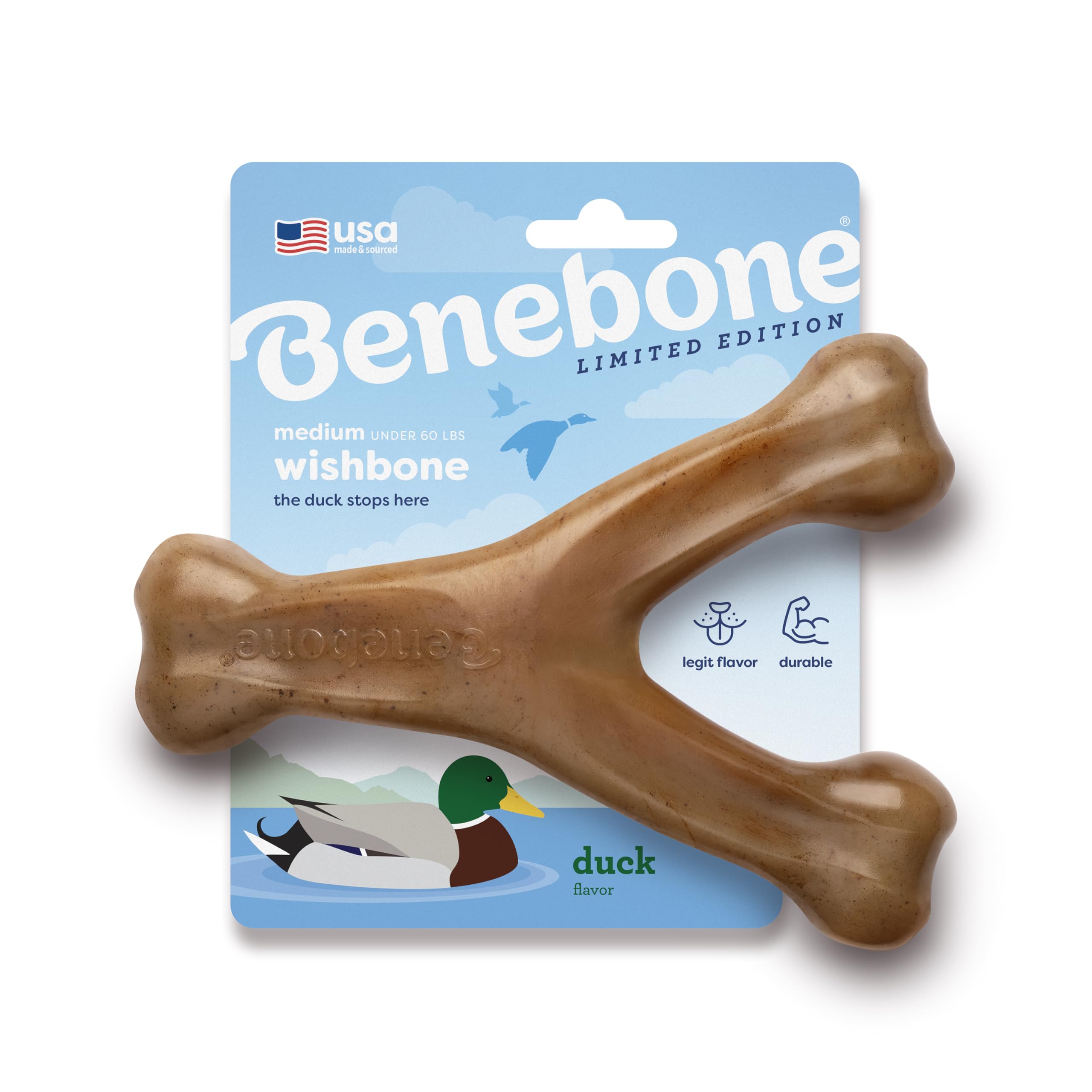 Benebone Wishbone Durable Chew Toy - Limited Edition Duck Flavor | Medium Size | Made in USA