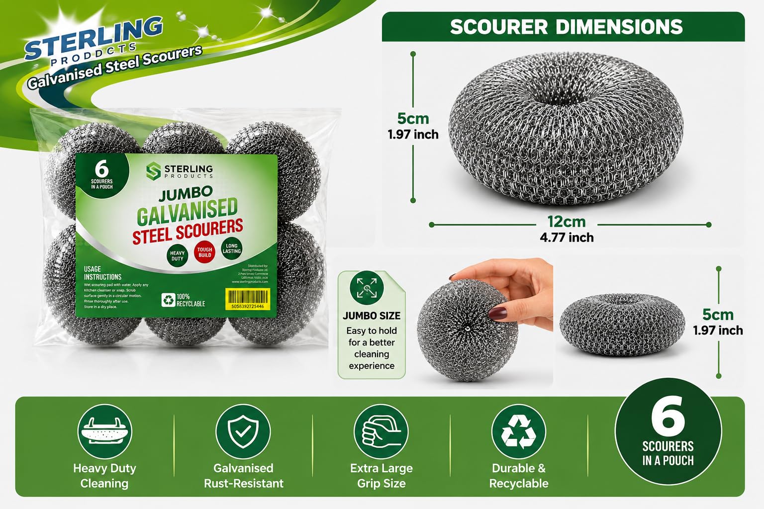 STERLING PRODUCTS Galvanised Steel Scourers - Heavy Duty Cleaning | 6 Pack | Steel