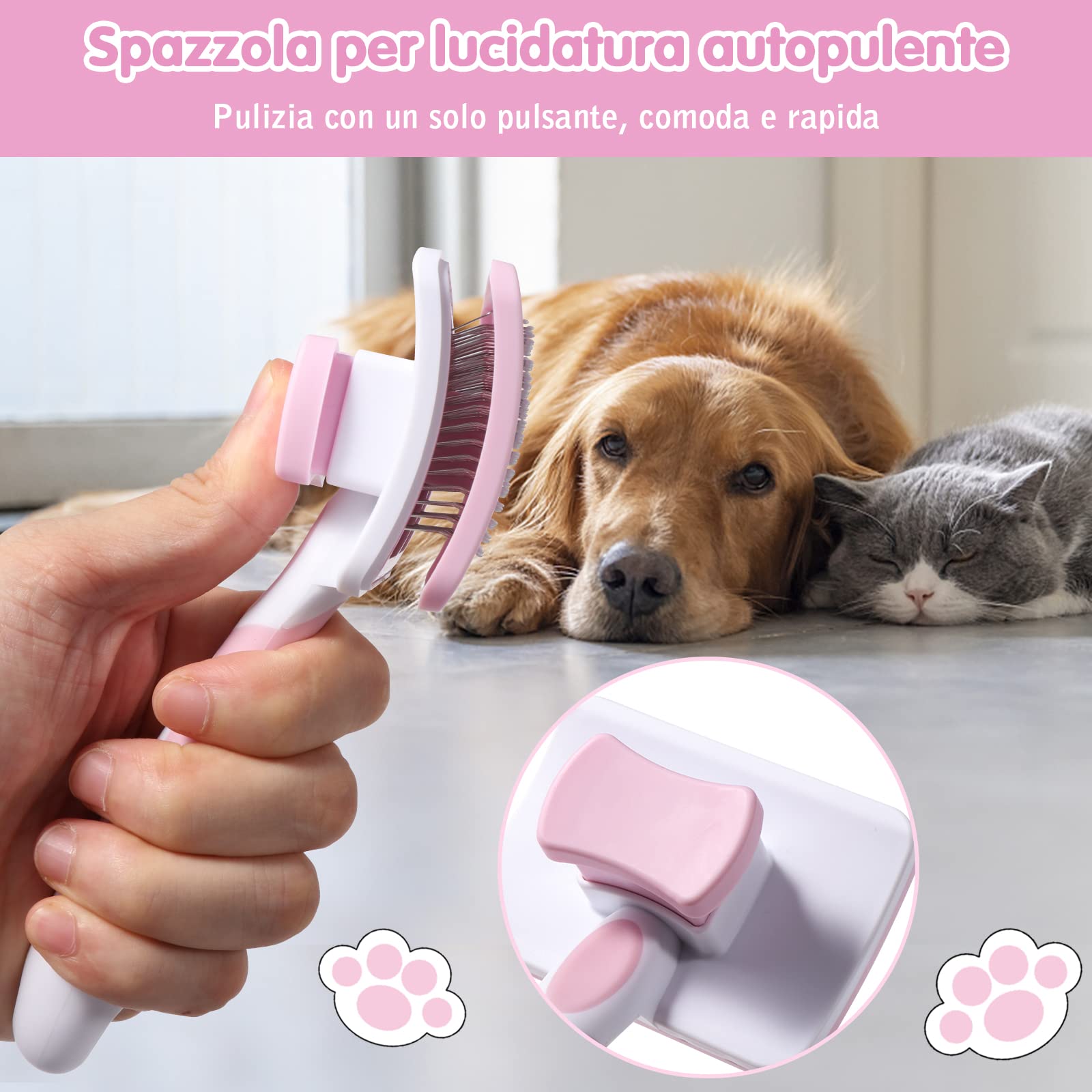 Vinabo Pet Grooming Brush - Self-Cleaning Slicker for Dogs & Cats | Pink | Improves Coat Health 4