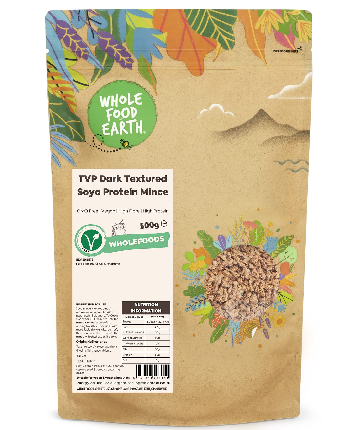 Wholefood Earth TVP Dunkles texturiertes Sojaprotein-Hackfleisch 500 g | Gentechnikfrei | Vegan | Recycelbare Verpackung