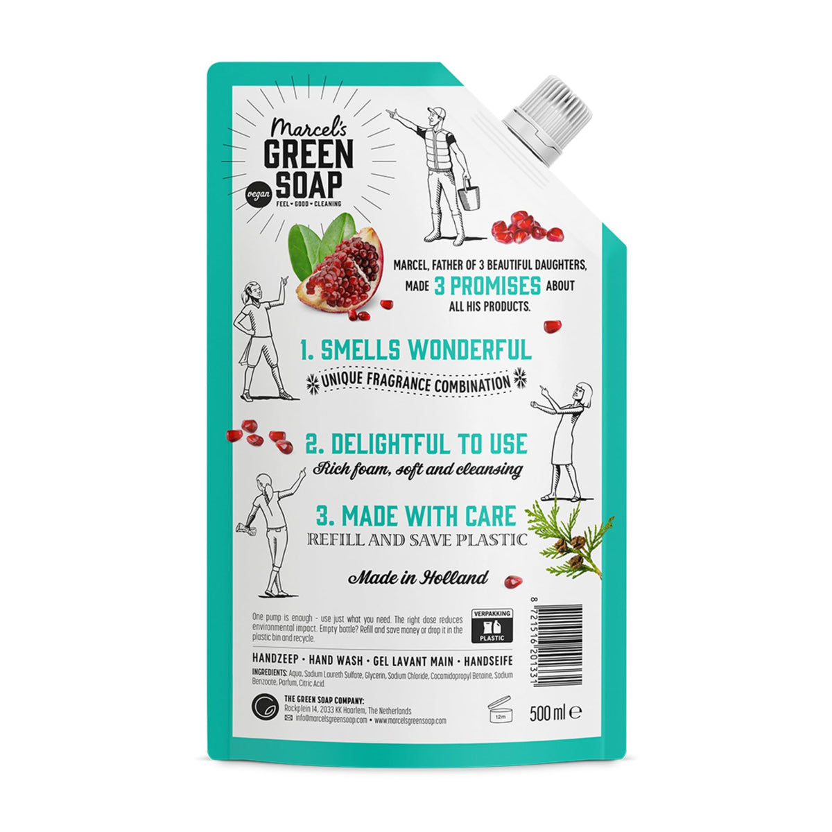 Marcel's Green Soap - Hand Soap Refill, Cedar & Pomegranate - 500 ml