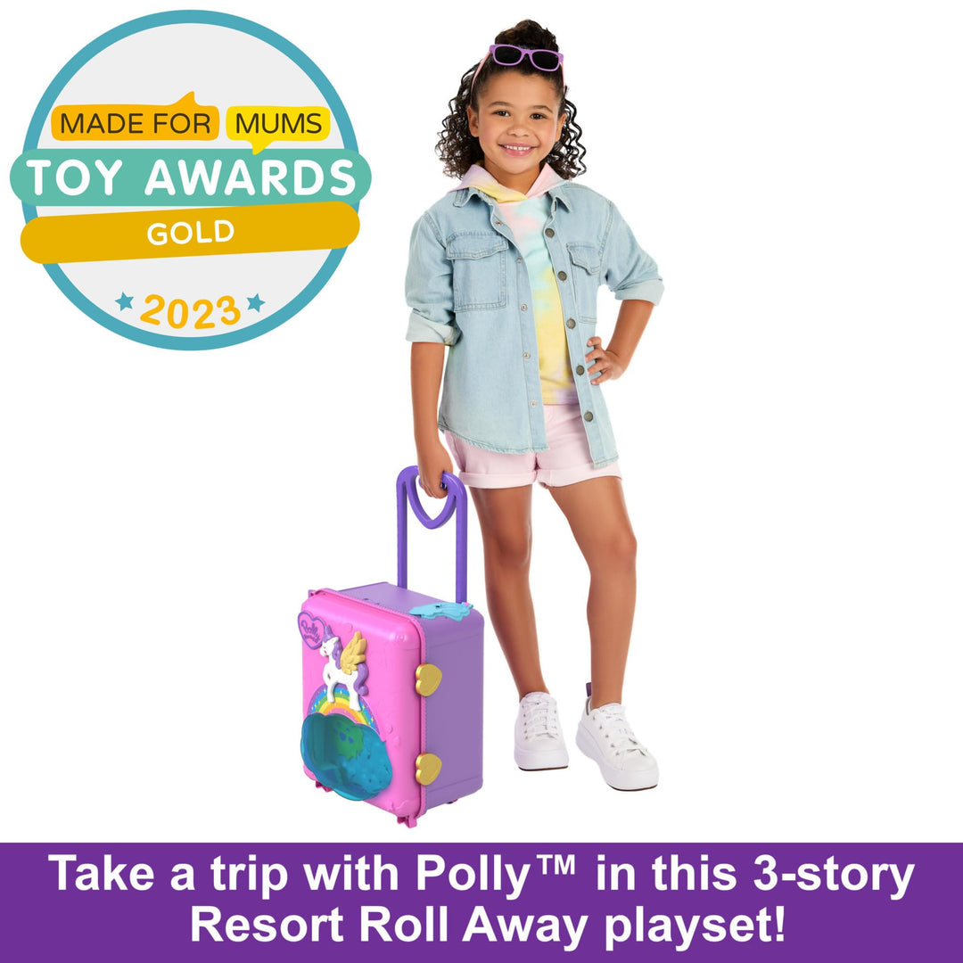 Polly Pocket Pollyville Resort Roll Away Playset - 4 Dolls, 1 Vehicle, 25+ Accessories, Ages 4-10