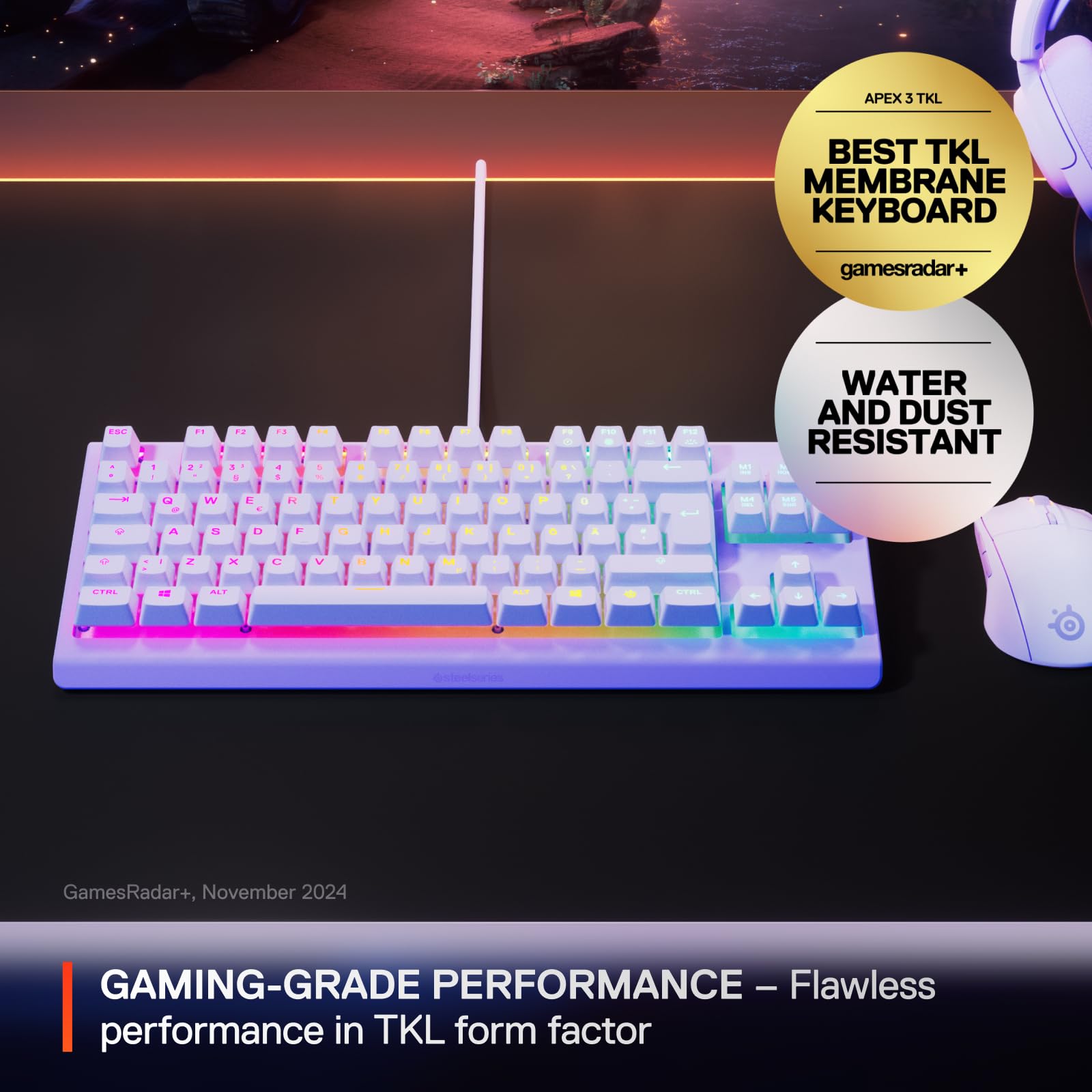 SteelSeries Apex 3 TKL Gaming Keyboard - Lavender - Tenkeyless Compact RGB 9
