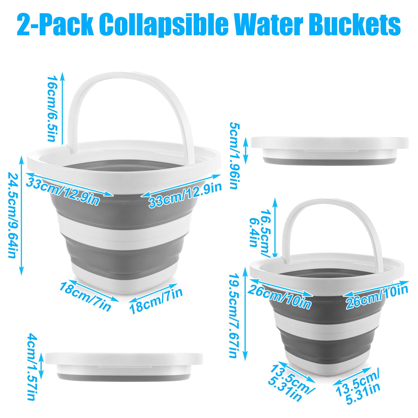 Lychico Collapsible Bucket 2-Pack - 10L & 5L Silicone Folding Water Buckets | Grey 2