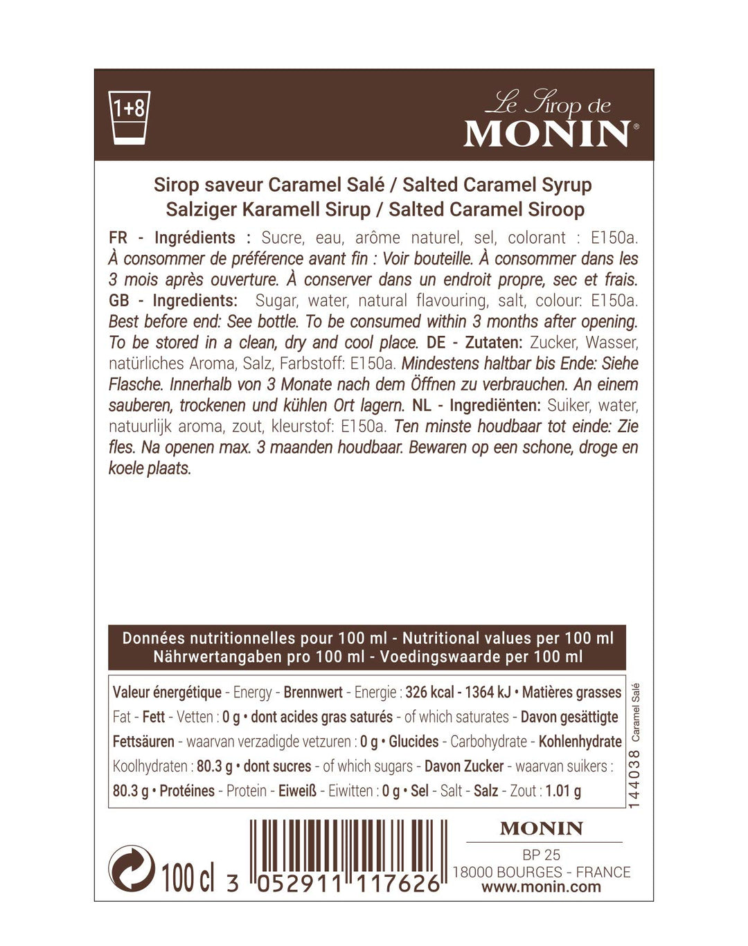 Monin Salted Caramel Syrup 1L - Premium Beverage Syrup for Coffee, Cocktails & Mocktails