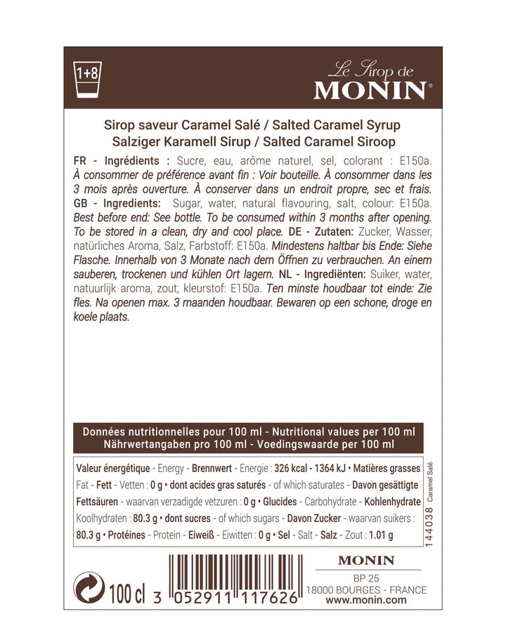 Monin Salted Caramel Syrup 1L - Premium Beverage Syrup for Coffee, Cocktails & Mocktails