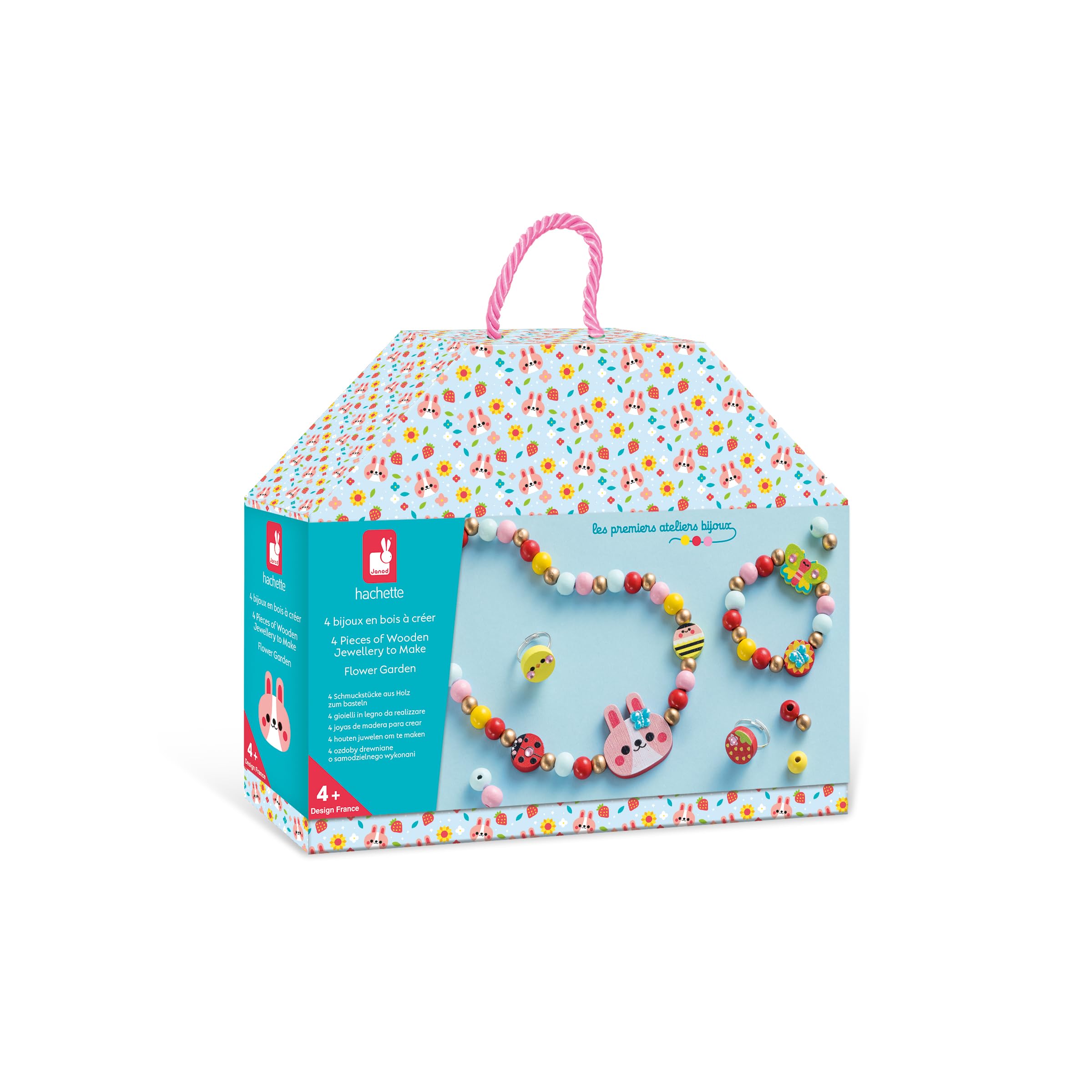 Janod 4 Flower Garden Wooden DIY Craft Kit - First Jewelry Making for Kids Ages 4-8